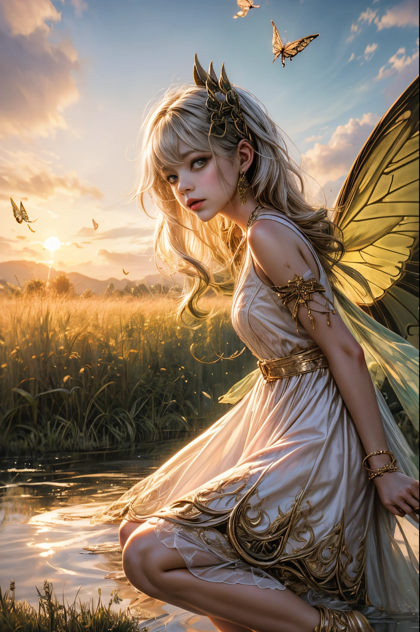 "((Innocent)) girl, golden hour, dreamy meadow, ethereal, whimsical, flowing dress, soft sunlight, enchanting, butterfly wings, (pastel clouds), liquid reflections