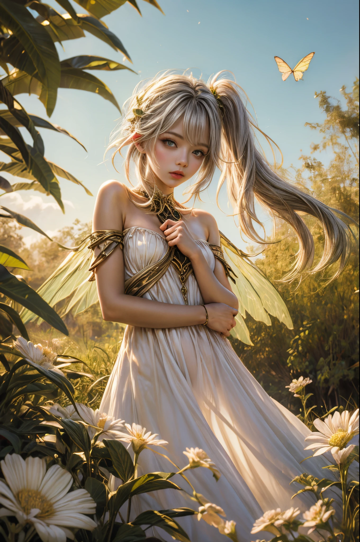 "((Innocent)) girl, golden hour, dreamy meadow, ethereal, whimsical, flowing dress, soft sunlight, enchanting, butterfly wings, (pastel clouds), liquid reflections