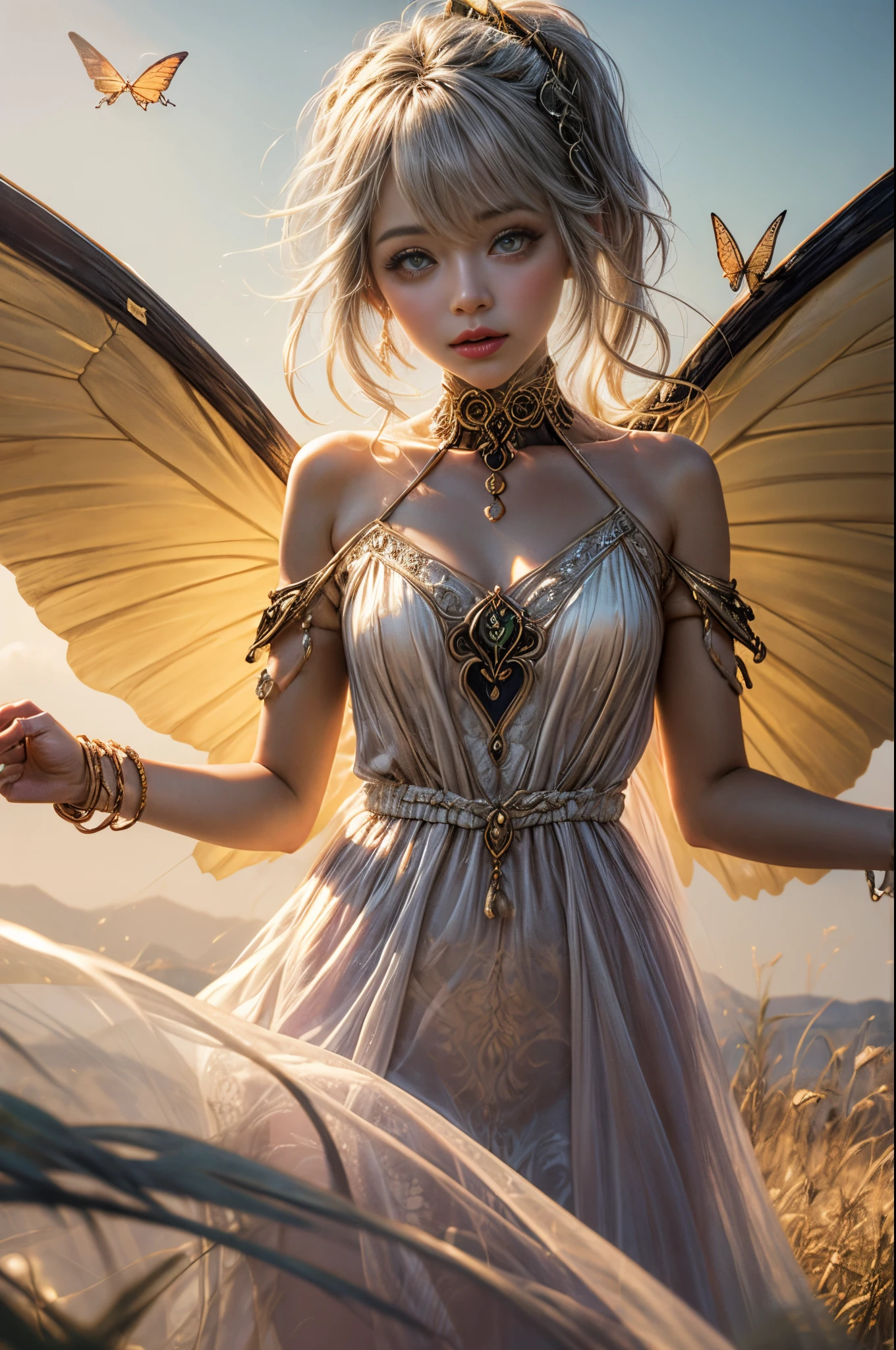 "((Innocent)) girl, golden hour, dreamy meadow, ethereal, whimsical, flowing dress, soft sunlight, enchanting, butterfly wings, (pastel clouds), liquid reflections