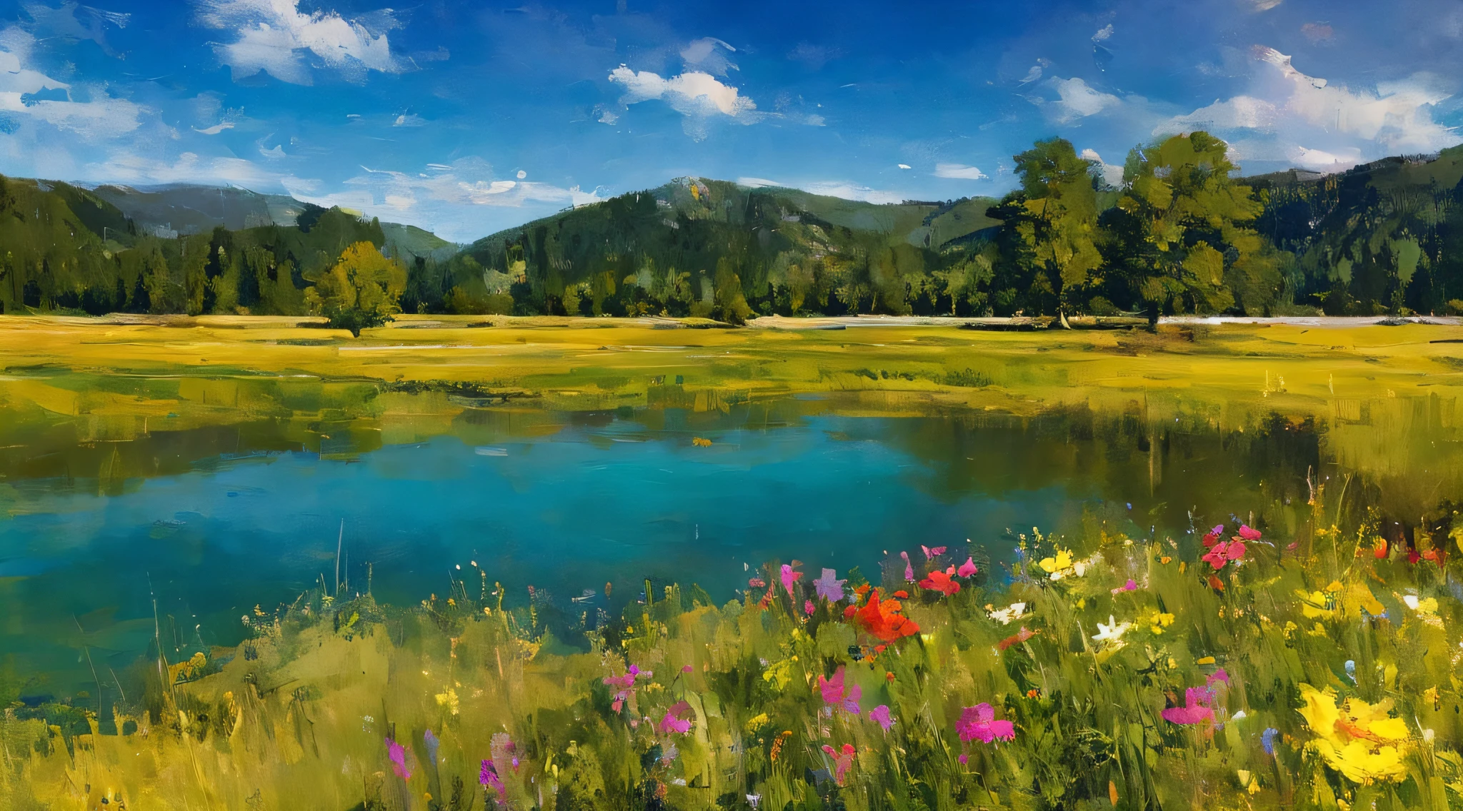 Summer, meadows, flowers, lake, heaven, clear blue sky, sunny, HD detail, hyper-detail, cinematic, dynamic lighting, deep field focus, colorful