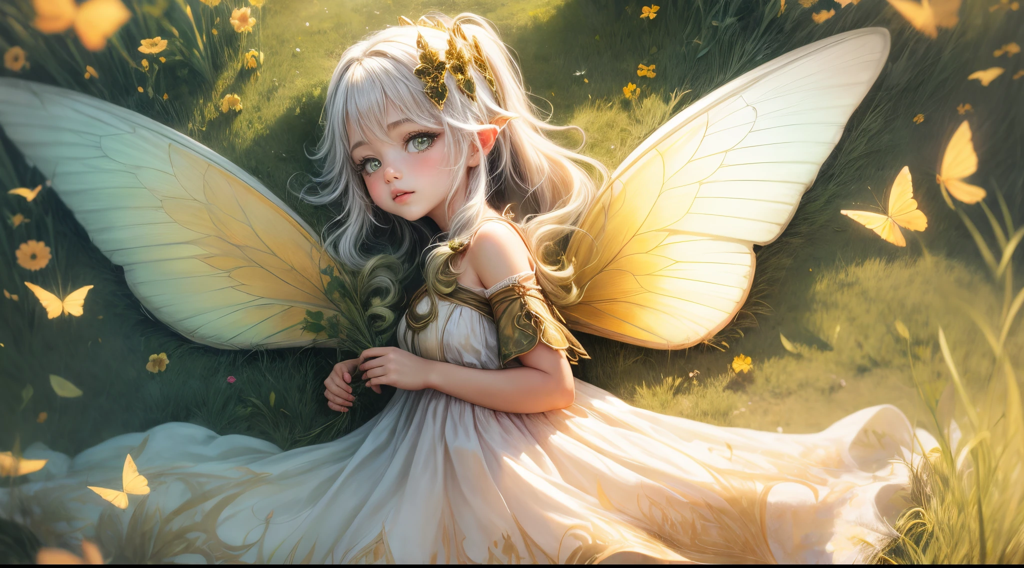 "((Innocent)) girl, golden hour, dreamy meadow, ethereal, whimsical, flowing dress, soft sunlight, enchanting, butterfly wings, (pastel clouds), liquid reflections