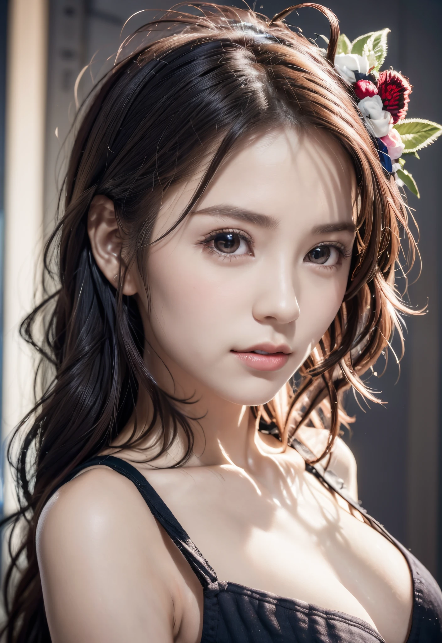 8K, of the highest quality, masutepiece:1.2), (Realistic, Photorealsitic:1.37), of the highest quality, masutepiece, Beautiful young woman, Pensive expression, Gentle eyes, Apron naked、full of shyness、Hair tied back, Messy mood, Cinematic background,  Light skin tone