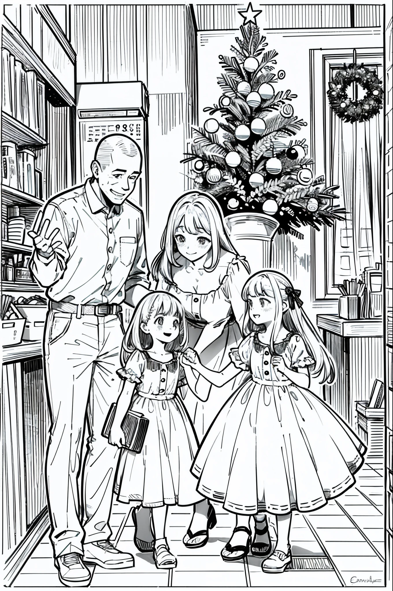 Christmas party, line art, no text, harmony, fun, sketch, family fun, Fibonacci, mom, dad, kids, happy, straight couple, clean