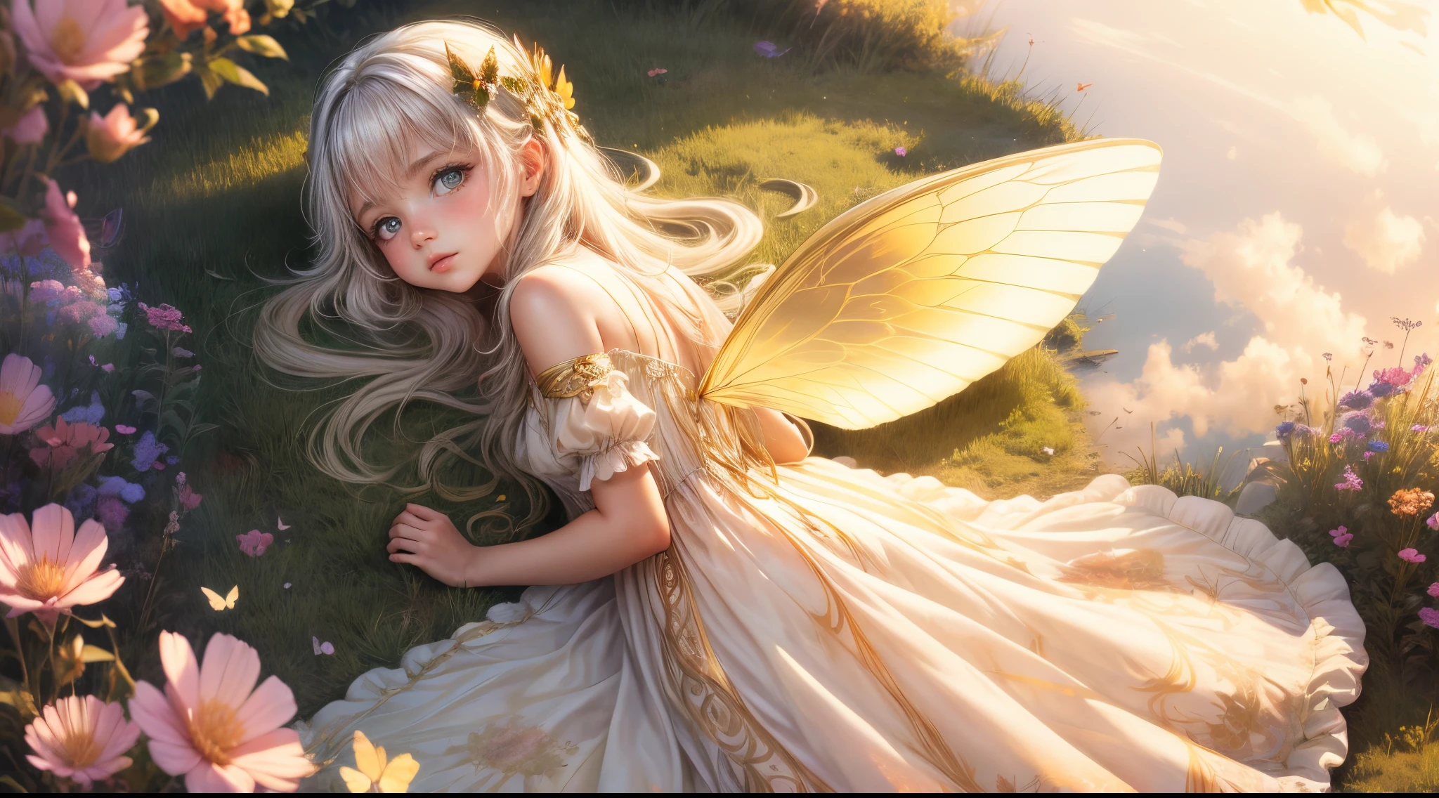 "((Innocent)) girl, golden hour, dreamy meadow, ethereal, whimsical, flowing dress, soft sunlight, enchanting, butterfly wings, (pastel clouds), liquid reflections