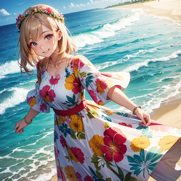 A 25 years old girl wearing Hawaii beach dress and flowers ring crown, smiling face, looking at viewer