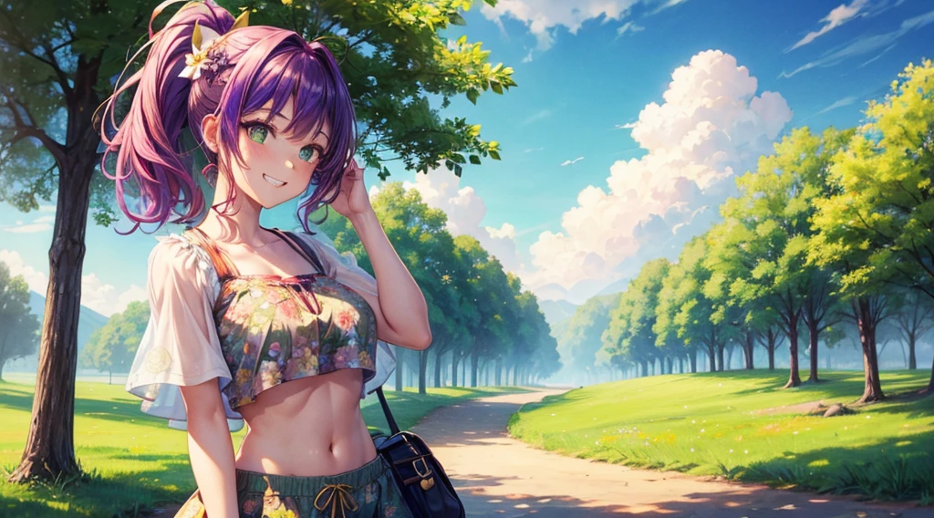 1girl, solo, summer, village, trees, sun, clouds, ((colorful hair)), ponytail, large breasts, green eyes, ((floral pattern top)), shorts, brown shoes, grin, looking at the viewer, standing, hair ribbon