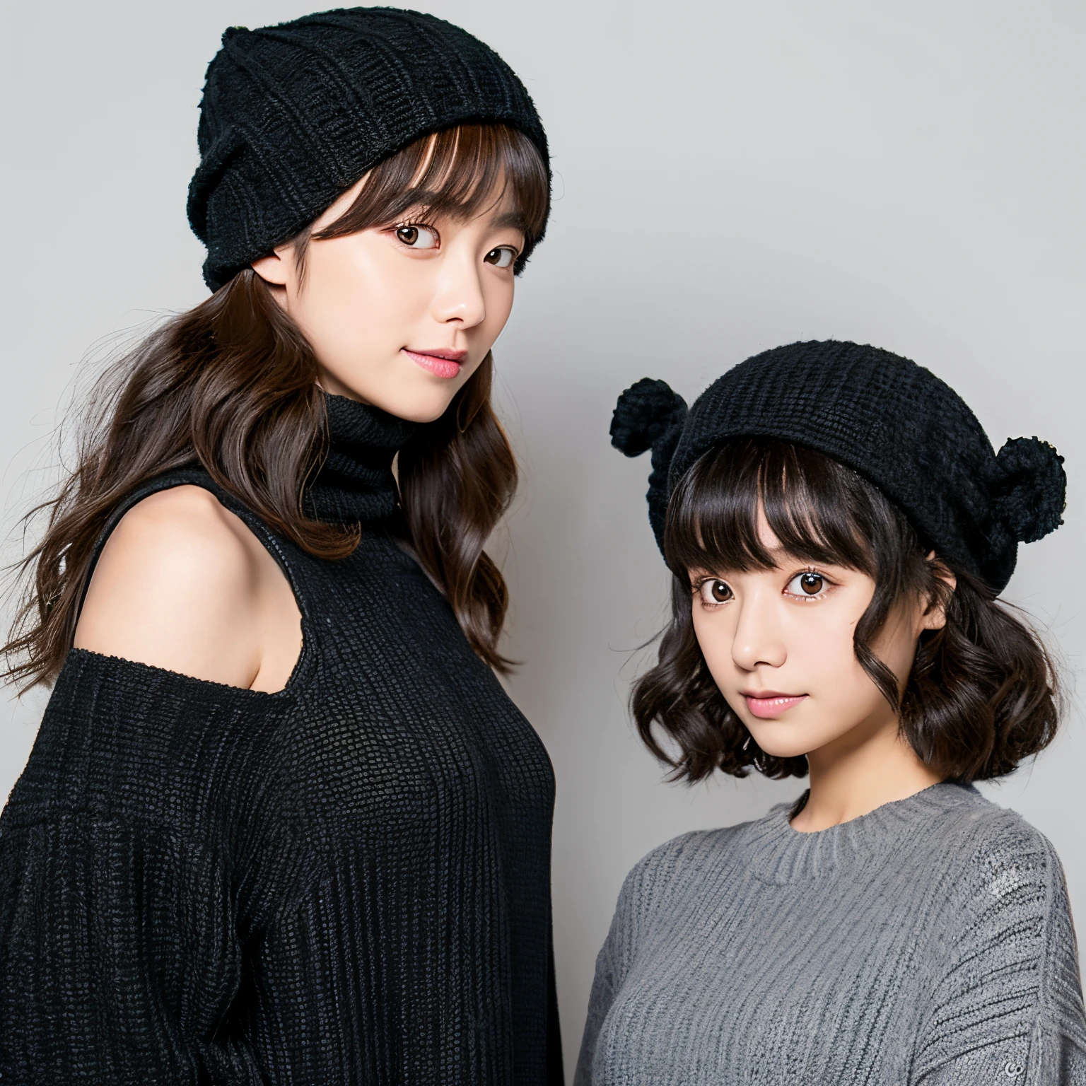 The girl on the right is wearing a black knitted hat and has medium-length curly hair.、The girl on the left has thin bangs and is tied in a low bun.Both girls have a piece next to their eyes.The background is white.The girl on the right is wearing black.The girl on the left is wearing gray with a picture written in the middle. ing