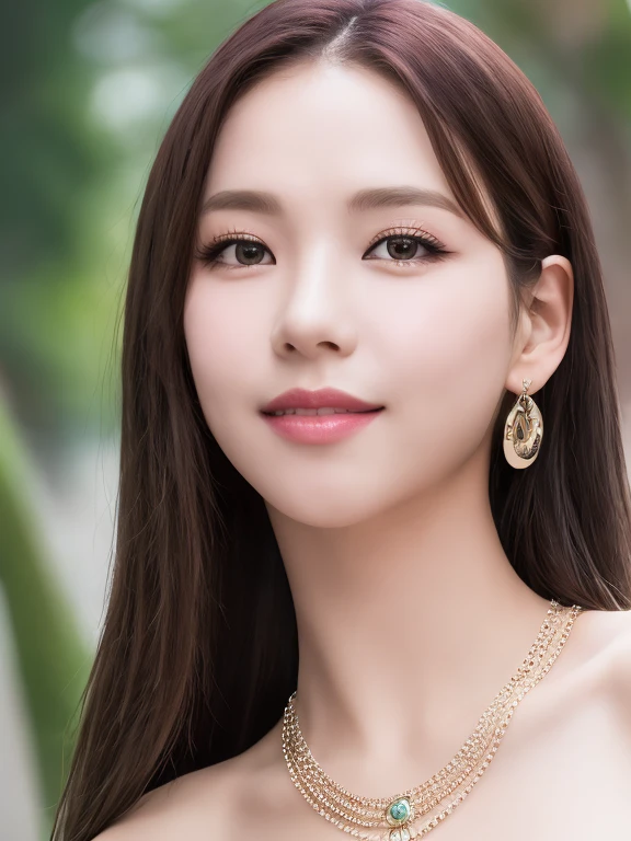 Top Quality, Realistic, 8K, Solo, Smile, Masterpiece, One Girl, Bokeh, Depth of Field, Professional Lighting, High Resolution, Gorgeous, Bangs, Lens Flare, Cute, Photorealistic : 1.37, Earrings, RAW Photography, Absurdity, Watching Viewer, Skindentation, Female, Full Body, Masterpiece: 1.2, Portrait: 0.6, Necklace, pureerosface_v1, skinny, dynamic pose, mole, floating hair, lips