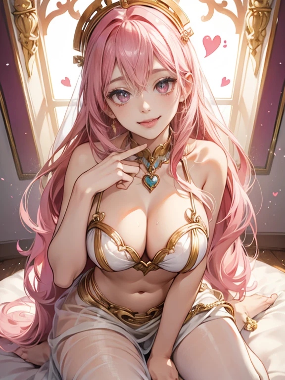 wedding gown,The barefoot,with pink hair,gold eyes,(Upper part of the body:1.2), (Transparent langari:1.3), (sexyposture:1.4), (face flushed:1.4), ssmile, Stick out her tongue, ((heart - shaped pupils)), ((lacivious pose)), an sexy, Cap cap,saliva,One guy,Colossal tits,i can see my belly,Whole body ESBIAN,stand posture,