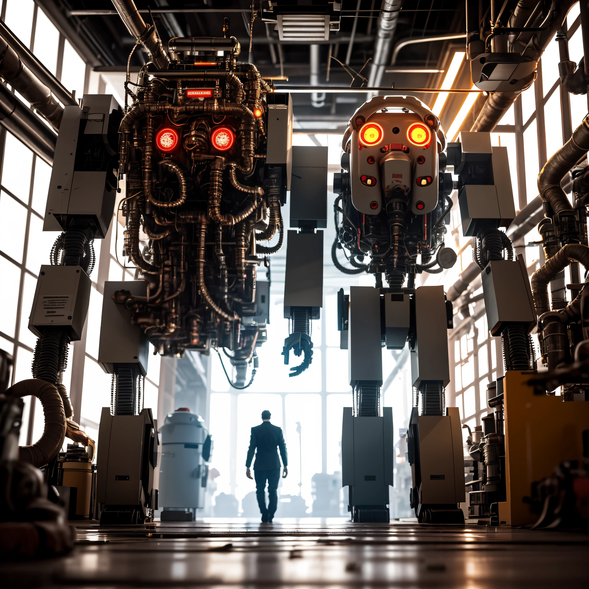 16k, ultra detailed image, foto realista, humanoid robot, robot with many eyes, the robot  coming at us, huge walking robot, Creepy robots, industrial robots, creepy industrial robots, factory mechanisms, bloods, meat, Horror, creepy robots, Blade, saws, Wire, pneumatics, pipes, dinamic lighting, flickering light