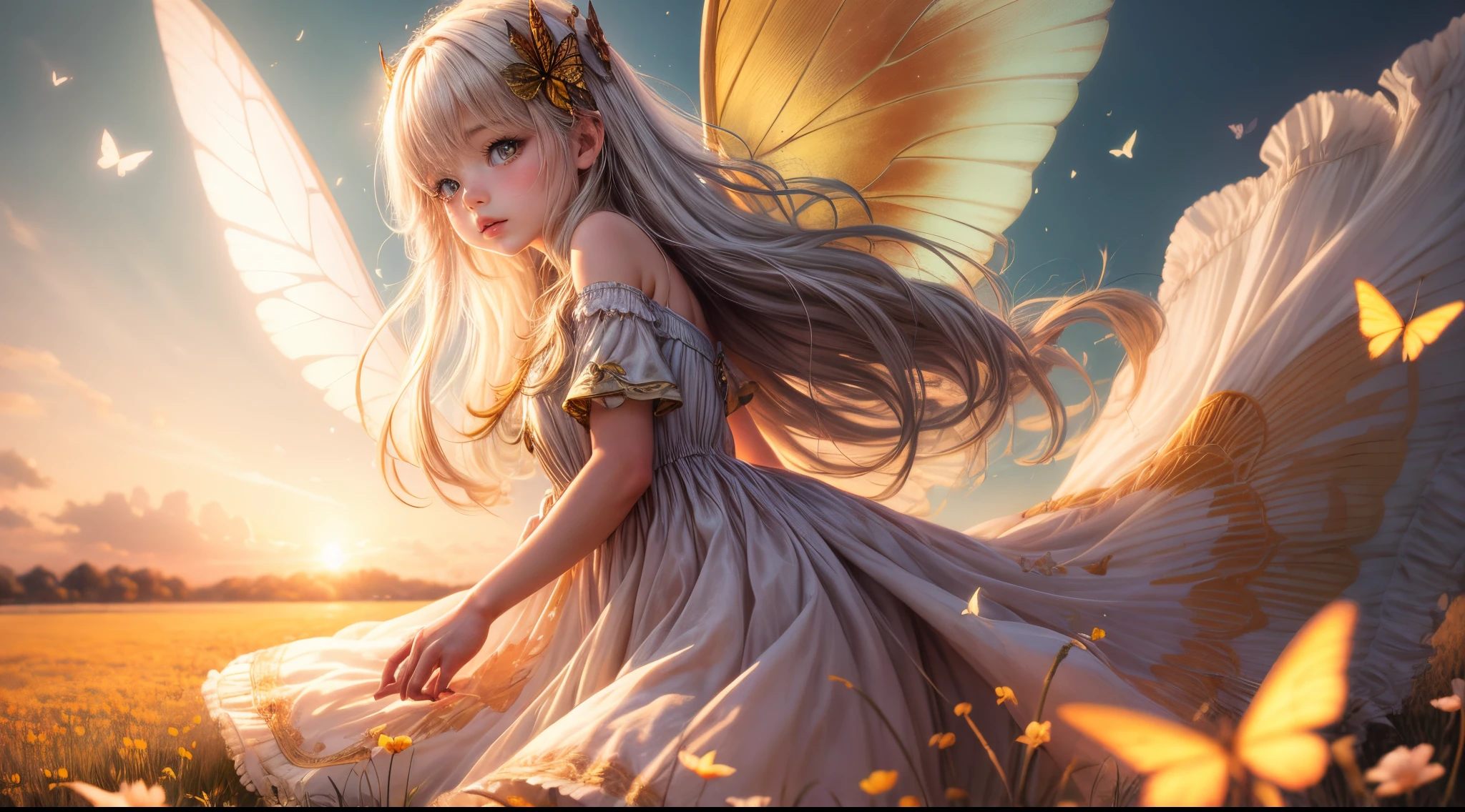 "((Innocent)) girl, golden hour, dreamy meadow, ethereal, whimsical, flowing dress, soft sunlight, enchanting, butterfly wings, (pastel clouds), liquid reflections
