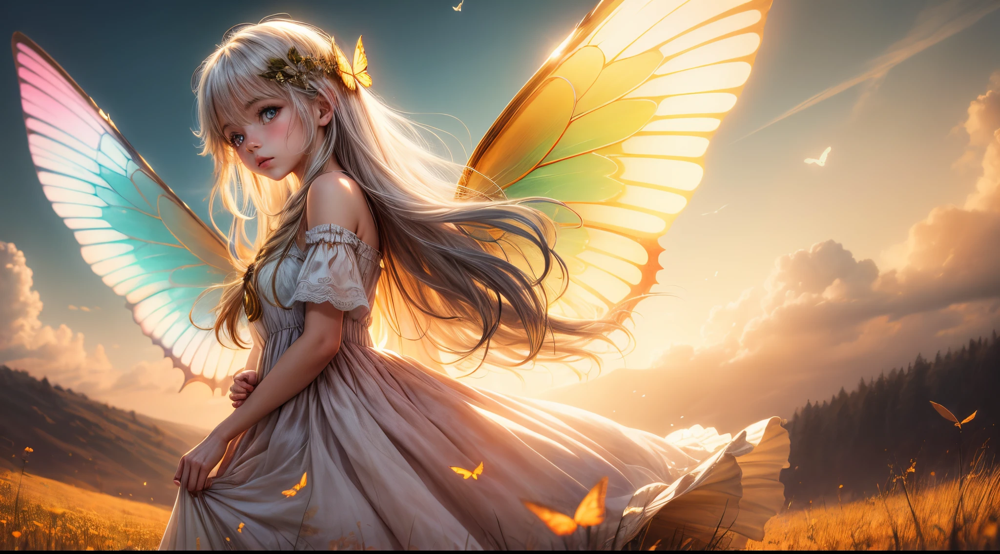 "((Innocent)) girl, golden hour, dreamy meadow, ethereal, whimsical, flowing dress, soft sunlight, enchanting, butterfly wings, (pastel clouds), liquid reflections