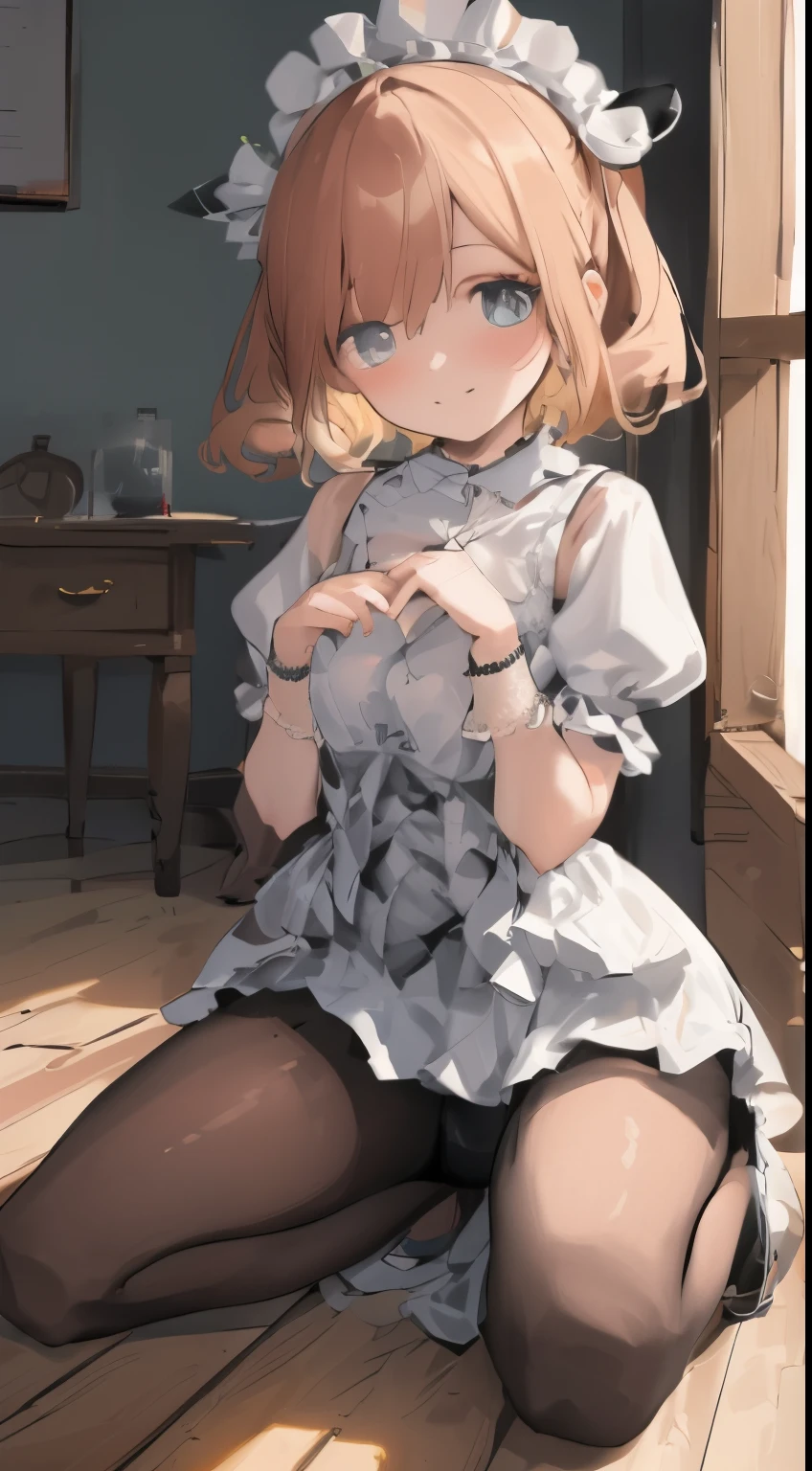 one-girl,Wearing JK white,blacksilk,underwear transparent,On the floor of the room,Lowry Squat,The skirt turned up,Exposed white lace,One hand behind the back,Place your other hand in front,Confused eyes、Semi-enclosed,Very happy expression,(:1.9),time