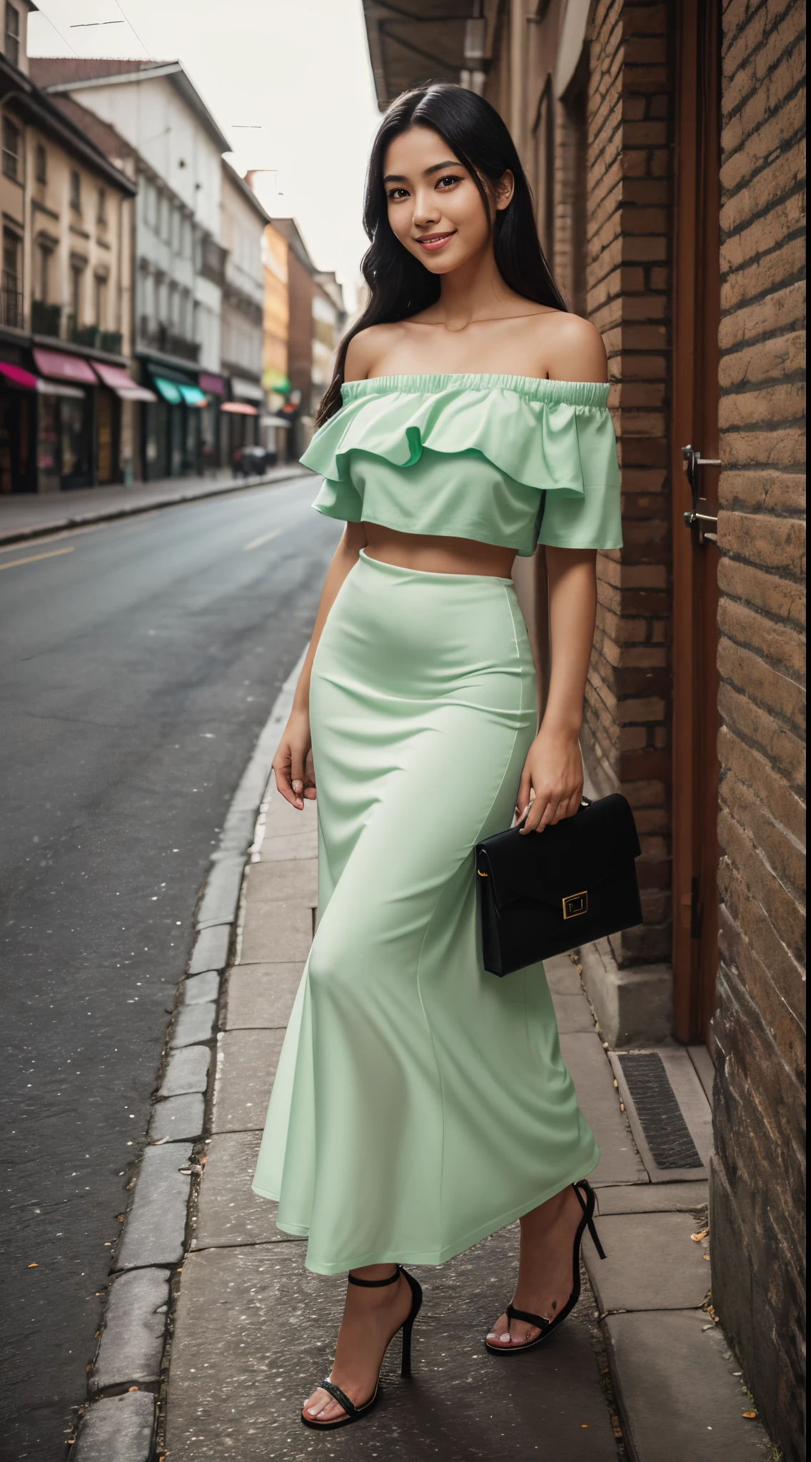 Foto hiperrealista en primer plano de Kim Joo, masterpiece, best quality, (photorealistic:1.4), full body, (light green off-the-shoulder short sleeves blouse:1.2), bare belly (light green maxi maxi skirt:1.2) heels, woking on the old European street, during the night, night cinematic light, beautiful woman, skinny, large big breasts, black long hair, detailed face, smile, facing the camera, photo taken from a distance, age of 25 years old
