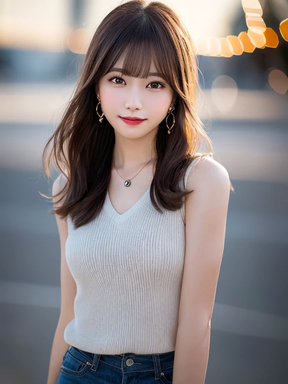 Top Quality, Realistic, 8K, Solo, Smile, Masterpiece, One Girl, Bokeh, Depth of Field, Professional Lighting, High Resolution, Gorgeous, Bangs, Lens Flare, Cute, Photorealistic : 1.37, Earrings, RAW Photography, Absurdity, Watching Viewer, Skindentation, Female, Full Body, Masterpiece: 1.2, Portrait: 0.6, Necklace, pureerosface_v1, skinny, dynamic pose, mole, floating hair, lips
