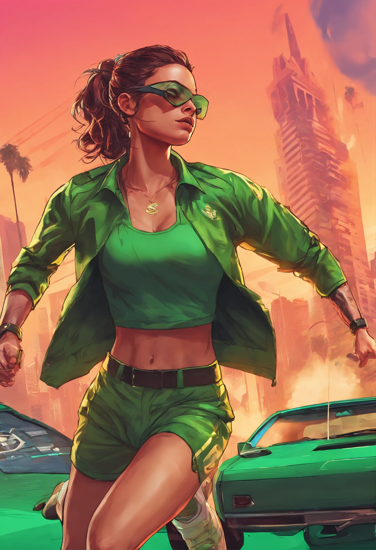 comic character, A female character wielding a machete in one hand and a severed otaku's head on the other hand, in a neon-lit environment. Rendered in the iconic GTA 5 style with high-resolution details and vibrant colors. The image captures the gritty realism and futuristic aesthetic of the game, with a focus on the woman's strong character and determination. intricate details, sharp focus, dramatic lighting, vibrant colors, realistic style, GTAV style
