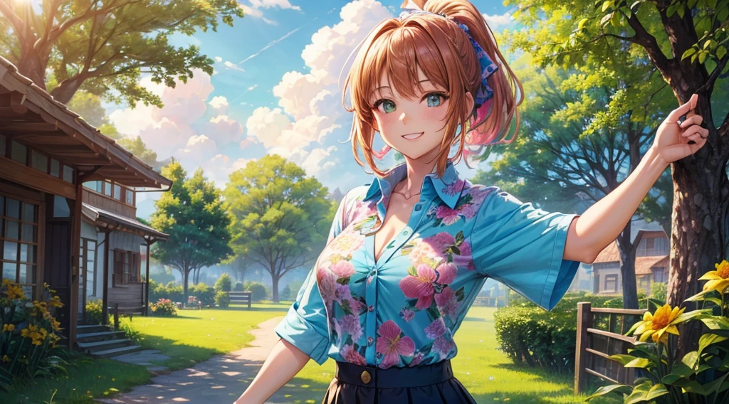 1girl, solo, summer, village, trees, sun, clouds, ((colorful hair)), ponytail, large breasts, button down, green eyes, ((floral pattern shirt)), ((unbuttoned shirt)), ((short sleeved shirt)), belly, skirt, brown shoes, grin, looking at the viewer, standing, hair ribbon