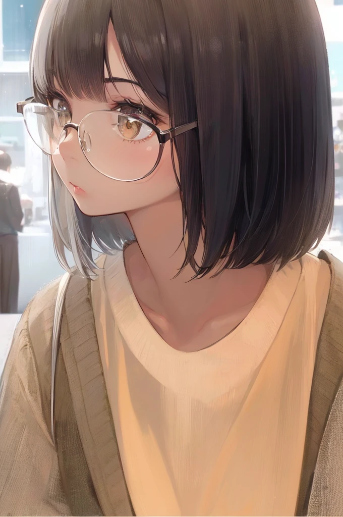 (best quality, highres, realistic:1.37), a girl with glasses, black hair, short hairstyle, cute, delicate, elegant, calm, 2D illustration, portrait style, vibrant colors, soft lighting beautiful girl