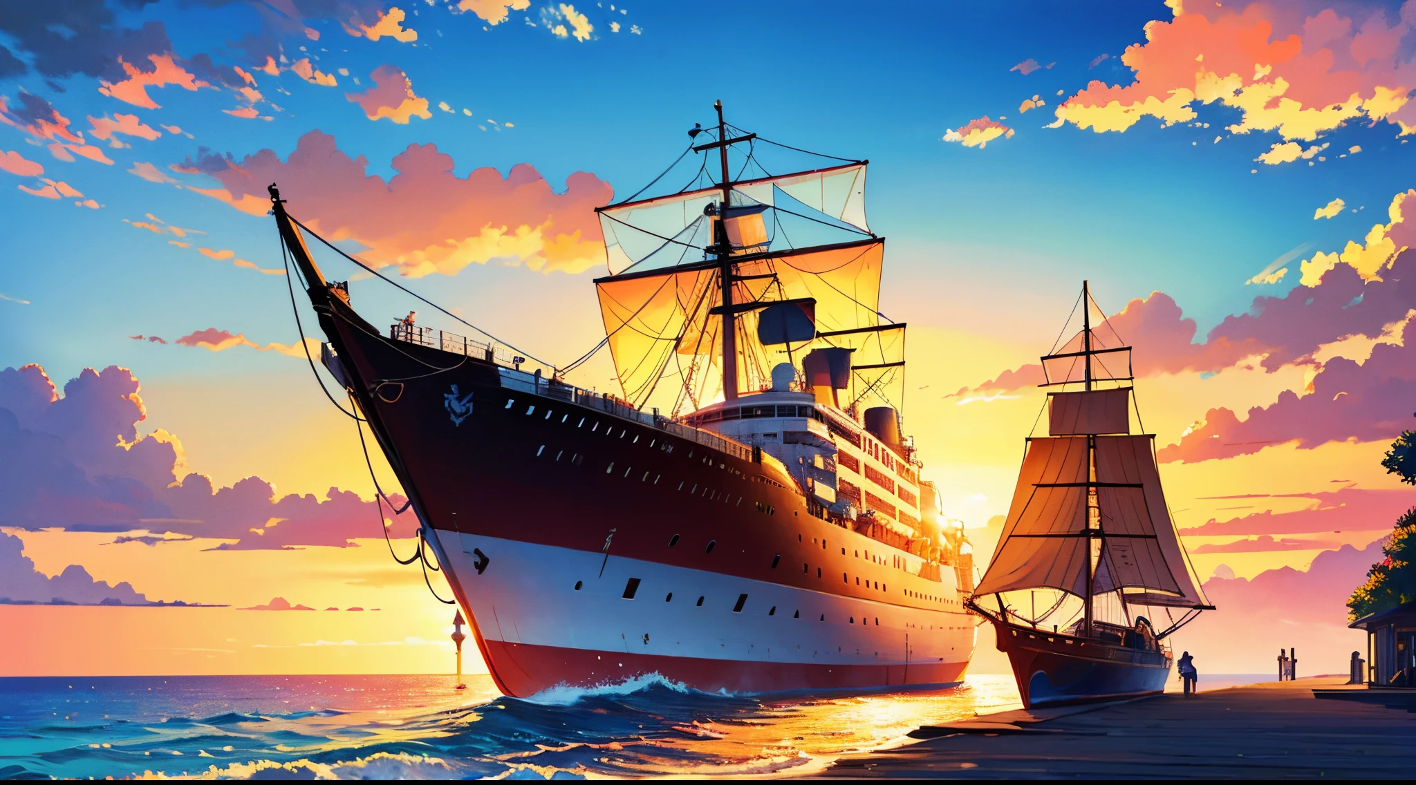 A ship sails at sunset,illustration,oil painting,masterpiece:1.2,ultra-detailed,realistic:1.37,colorful,vivid colors,warm tones,soft lighting