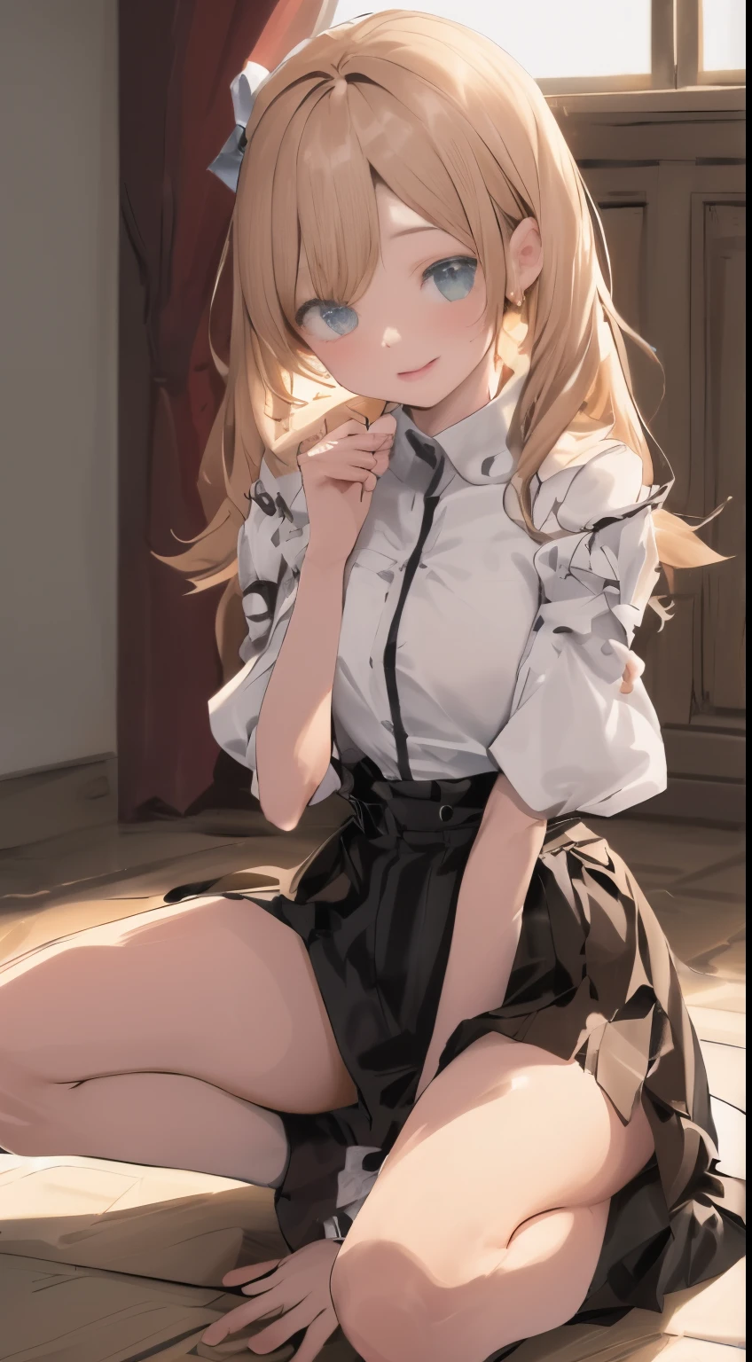 one-girl,Wearing JK white,blacksilk,underwear transparent,On the floor of the room,Lowry Squat,The skirt turned up,Exposed white lace,One hand behind the back,Place your other hand in front,Confused eyes、Semi-enclosed,Very happy expression,(:1.9),time
