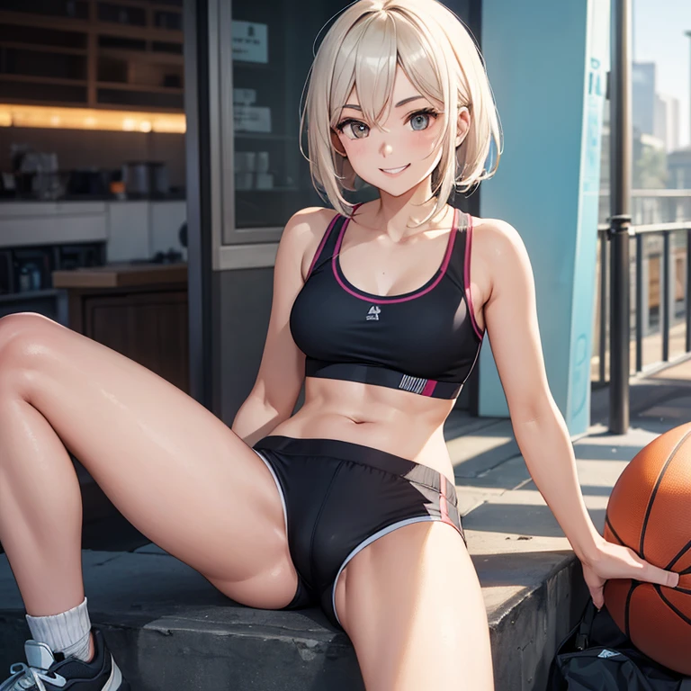 A 25 years old girl wearing short Sports bra's for women and joggers, smiling face, looking at viewer