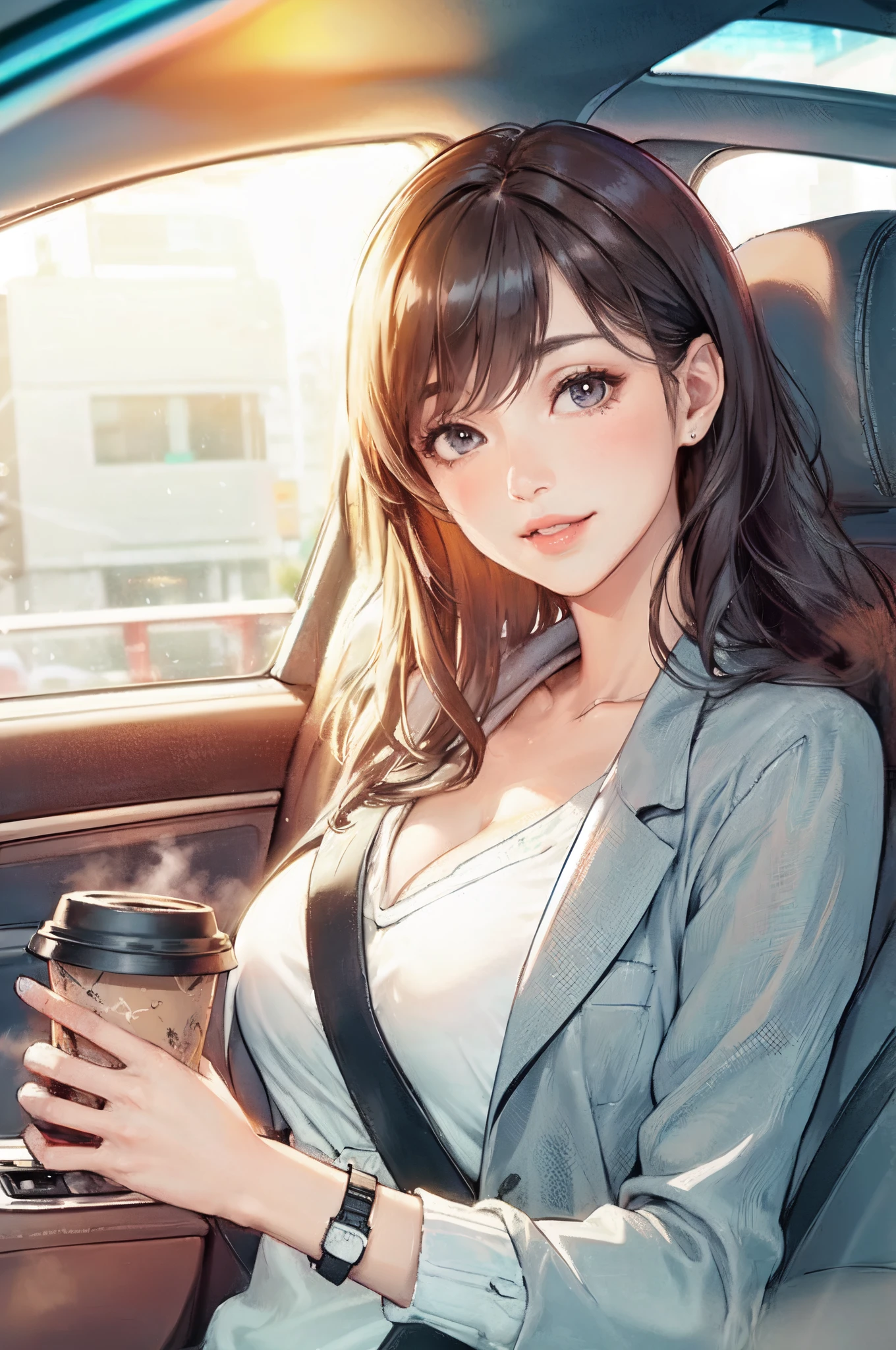 1lady solo, (sitting on passenger seat), (stylish outfit), mature female, /(black hair/) bangs, blush kind smile, (masterpiece best quality:1.2) delicate illustration ultra-detailed, large breasts BREAK holding a coffee cup BREAK (car indoors:1.2) passenger seat (seatbelt:1.2), (blur of the cityscape rushing by)