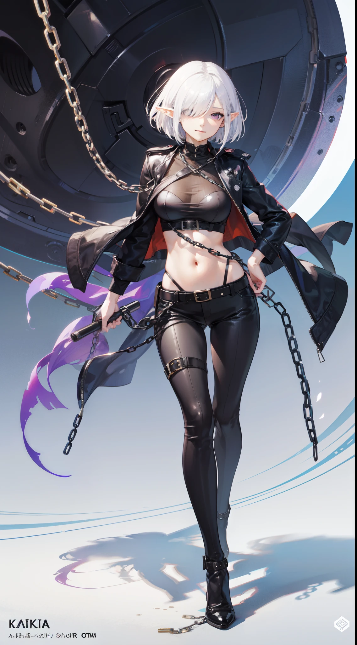 (masterpiece),(bestquality),highly detailed,ultra-detailed, chain mythology, (elf), 1girl, solo, big breast, cute girl, Bob cut hair, parted bangs, (hair over one eye), white hair, violet eyes, smirk, Black leather jacket with spikes, open belly, breeches, Chains on clothes, scar on face, cigarette, Smoke, hiquality, 4k, HD, Good detail, style of Artgerm, by Kawacy, By Yusuke Murata