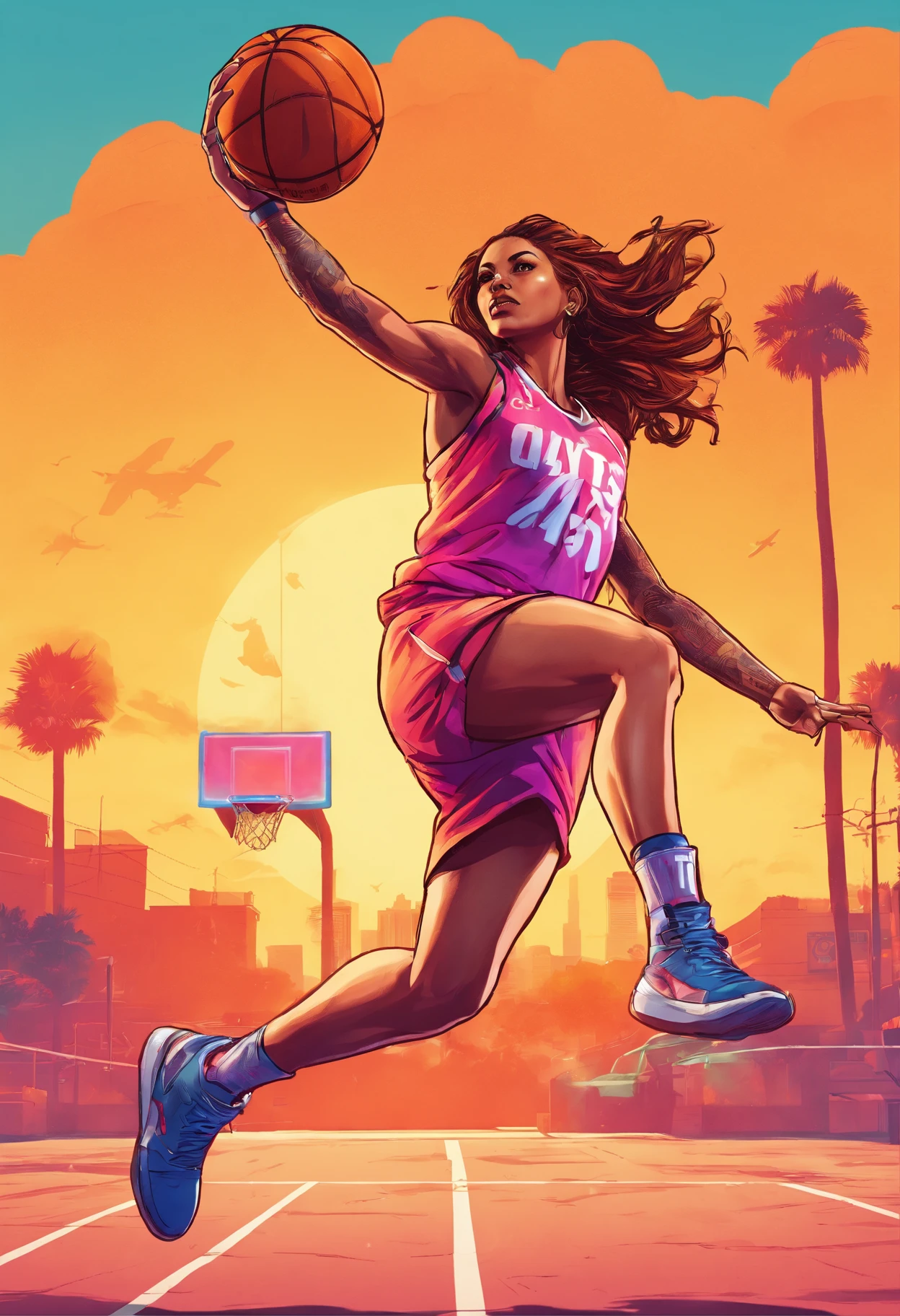 comic character, A female character wielding a machete in one hand and a severed otaku's head on the other hand, in a neon-lit environment. Rendered in the iconic GTA 5 style with high-resolution details and vibrant colors. The image captures the gritty realism and futuristic aesthetic of the game, with a focus on the woman's strong character and determination. intricate details, sharp focus, dramatic lighting, vibrant colors, realistic style, GTAV style