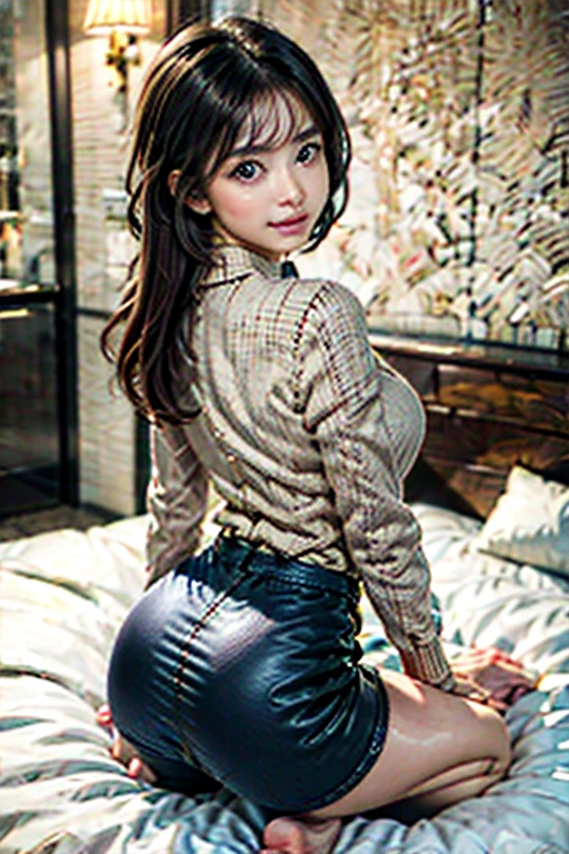 masterpiece, best quality, ultra high res, (photorealistic:1.4), 8k, RAW photo, perfect ???????, 1 girl, cute, beautiful detailed eyes, big eyes, hook nose, japanese girl, looking at viewer, (all-fours:1.3), (crawling position:1.3), cowboy shot, from behind, butt facing, focus to ass, perfect legs, knit sweater, beige sweater, white panties, narrow waist, brown hair, short bob, purple eyes, blush, on the bed