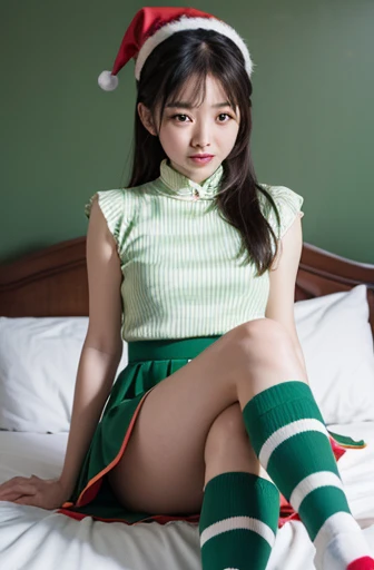 (disable censorship), (realistic photo), (masterpiece), cute chinese girl wearing christmas elf outfit, green top, green skirt, ((red-white striped socks)), seductive, sitting on bed, crossing legs, bedroom