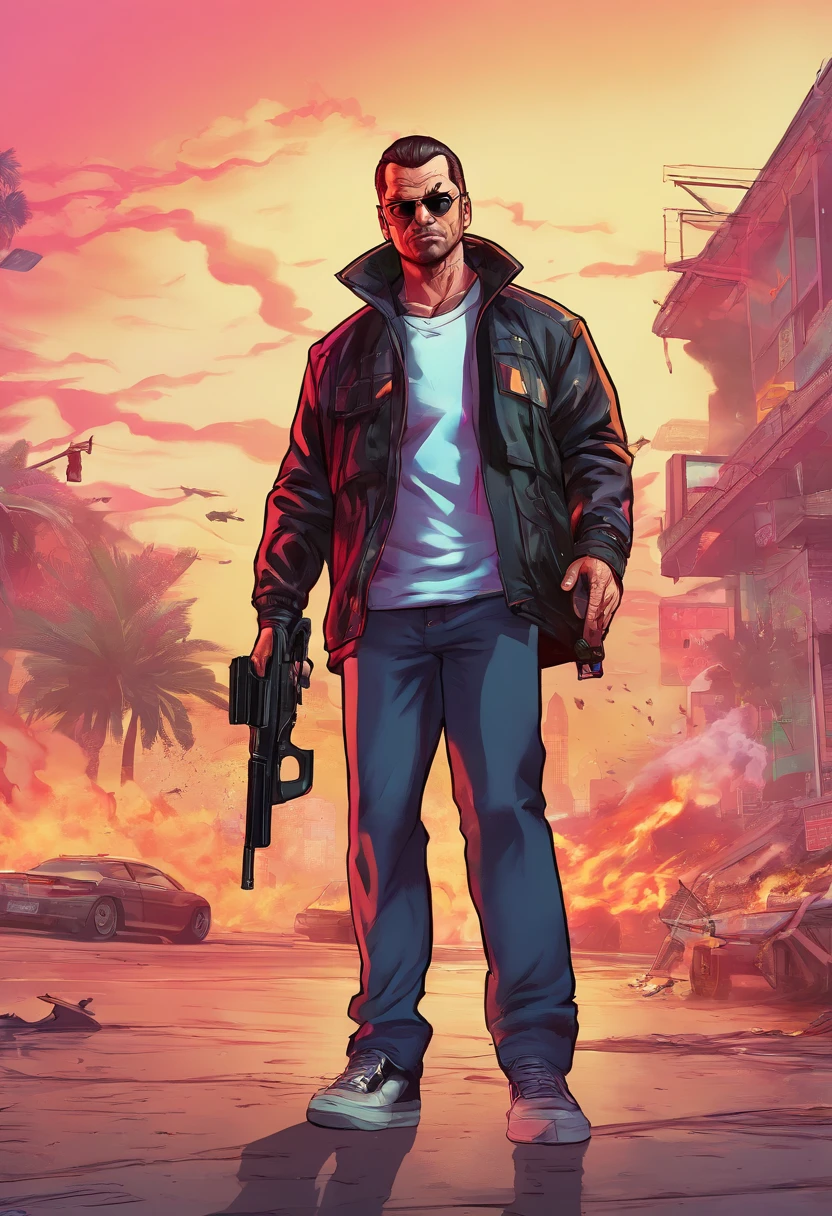 Generate Artwork , Glassmorphism,Best quality, artwork-gta5 heavily cartoonish stylized portrait, (hyperdetail:1.15), (soft light, sharpness:1.2), Action pose, action shot, (delirium) chaotic storm of liquid smoke, man in black jacket hold a gun, near bank entrance