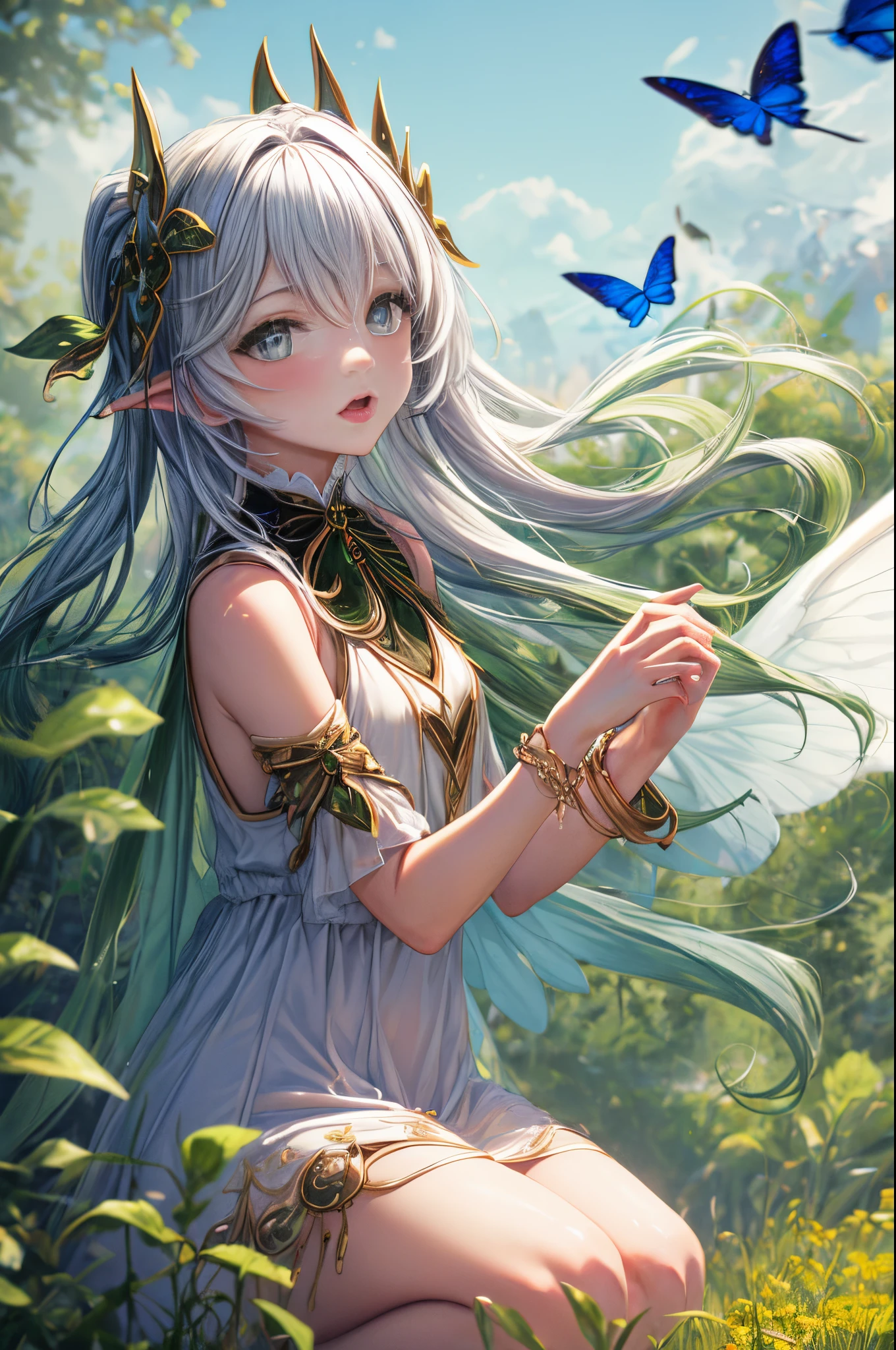 "((Innocent)) girl, golden hour, dreamy meadow, ethereal, whimsical, flowing dress, soft sunlight, enchanting, butterfly wings, (pastel clouds), liquid reflections