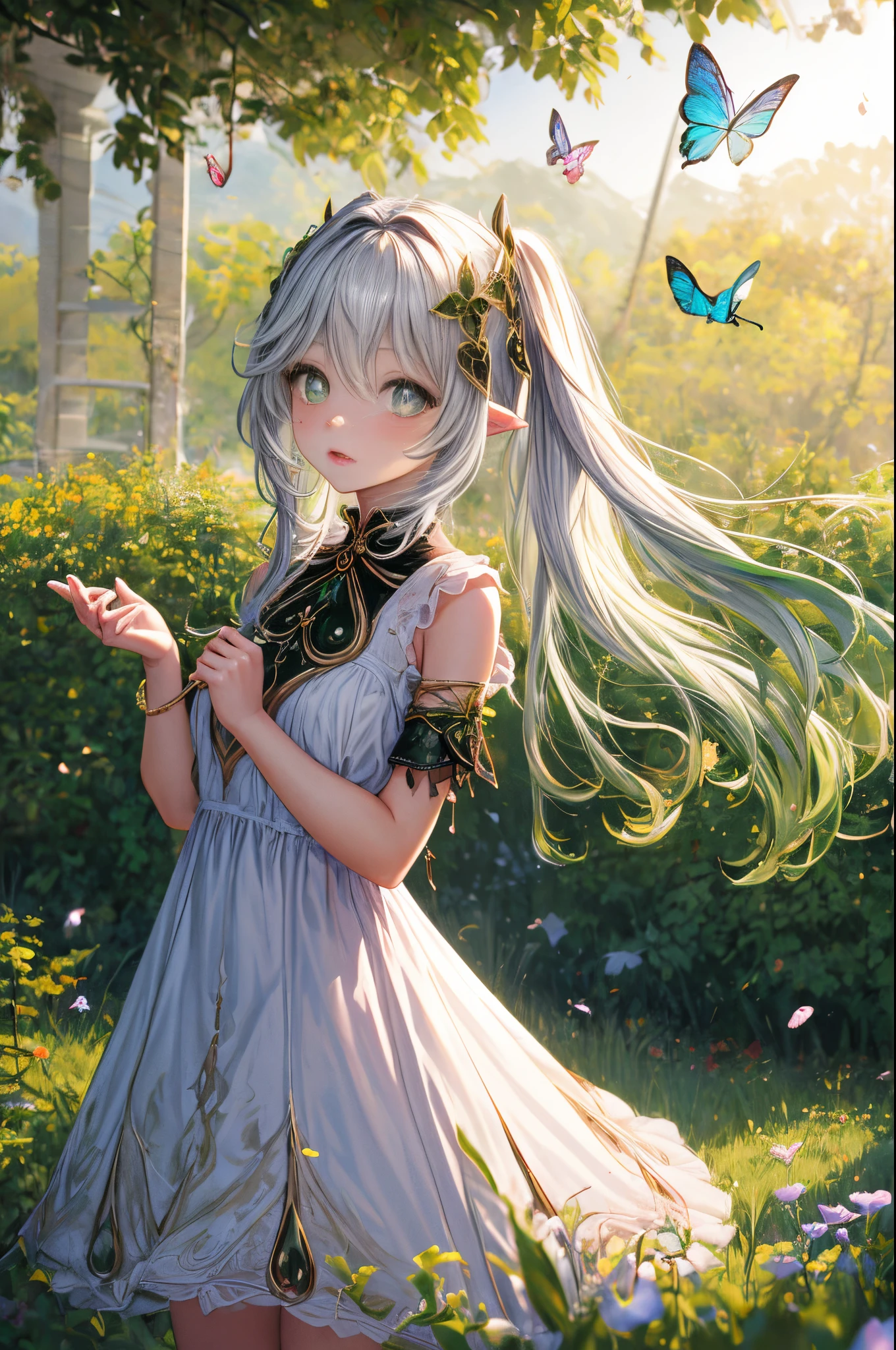 (Best quality,4k,A high resolution),Realistic,portrait,girl,beautiful detailed eyes,beautiful detailed lips,long eyelashes,Soft curly hair,dressed in a flowing dress,surrounded by bright colors,I&#39;m standing in a blooming garden,with warm sunshine, illuminating her face,expressing feelings of joy and innocence,Bright colors,Subtle lighting,harmonious composition