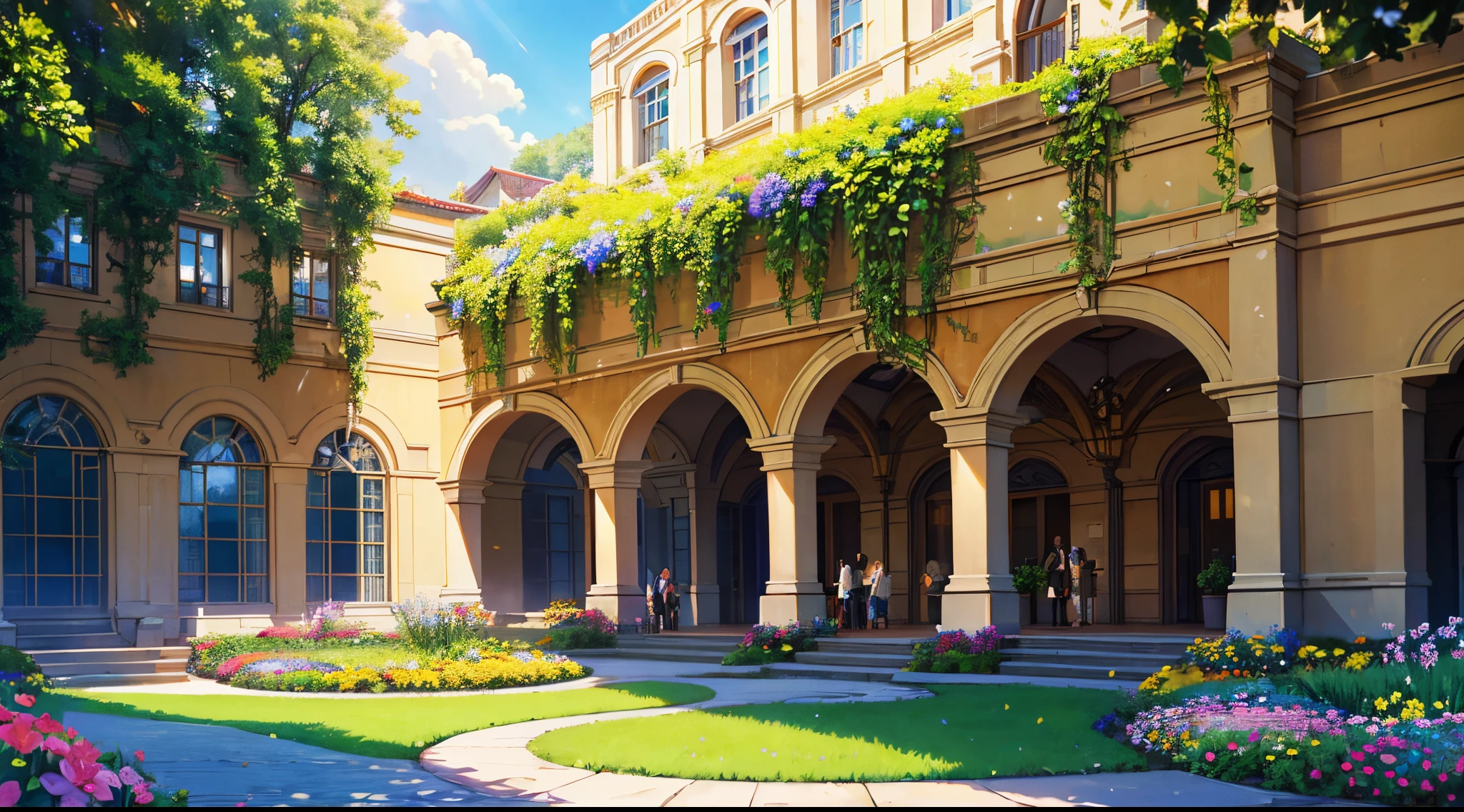 A sunny day in a school, with rays of light shining through (best quality, photorealistic), a beautiful background (landscape:1.2) with (vivid colors), and (sharp focus) highlighting the scene. The school building is (ultra-detailed:1.2) with (physically-based rendering) techniques, showcasing its architectural beauty. There are (students) enjoying their time outdoors, with (happy expressions) on their faces. The courtyard is filled with (lush greenery) and (colorful flowers) blooming in the sunlight. In the distance, (playful shadows) create interesting patterns on the ground. The (sun) shines brightly, casting (warm golden hues) over the entire scene. The atmosphere is filled with (joy and excitement), making it a perfect day for learning and exploration in this school.