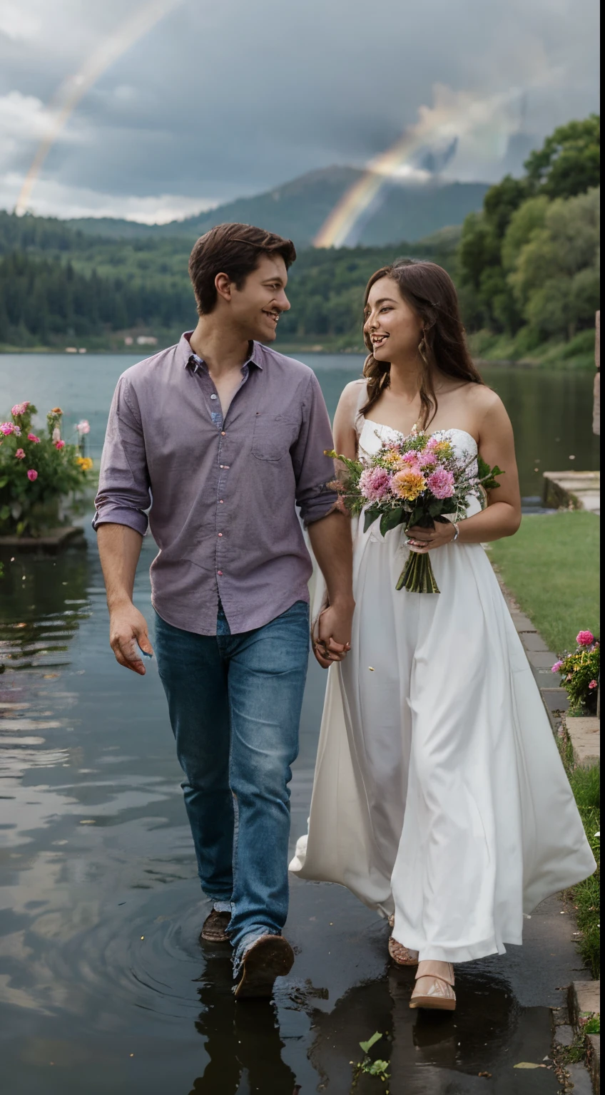 Flowers /Rainbow /Lake /Humming Birds/A couple walking hand in hand happily