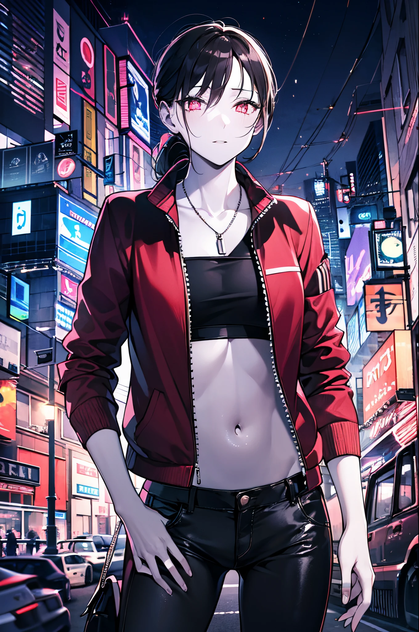 detailed, (masterpiece:1.2), (pale skin:1.2), (solo:1.2), (female:1.1), (emphasis lines:1.3), brunette, (open_red_jacket), long_pants, long_ponytail, collarbone, night, outdoors, empty_city, (glowing_eyes)
