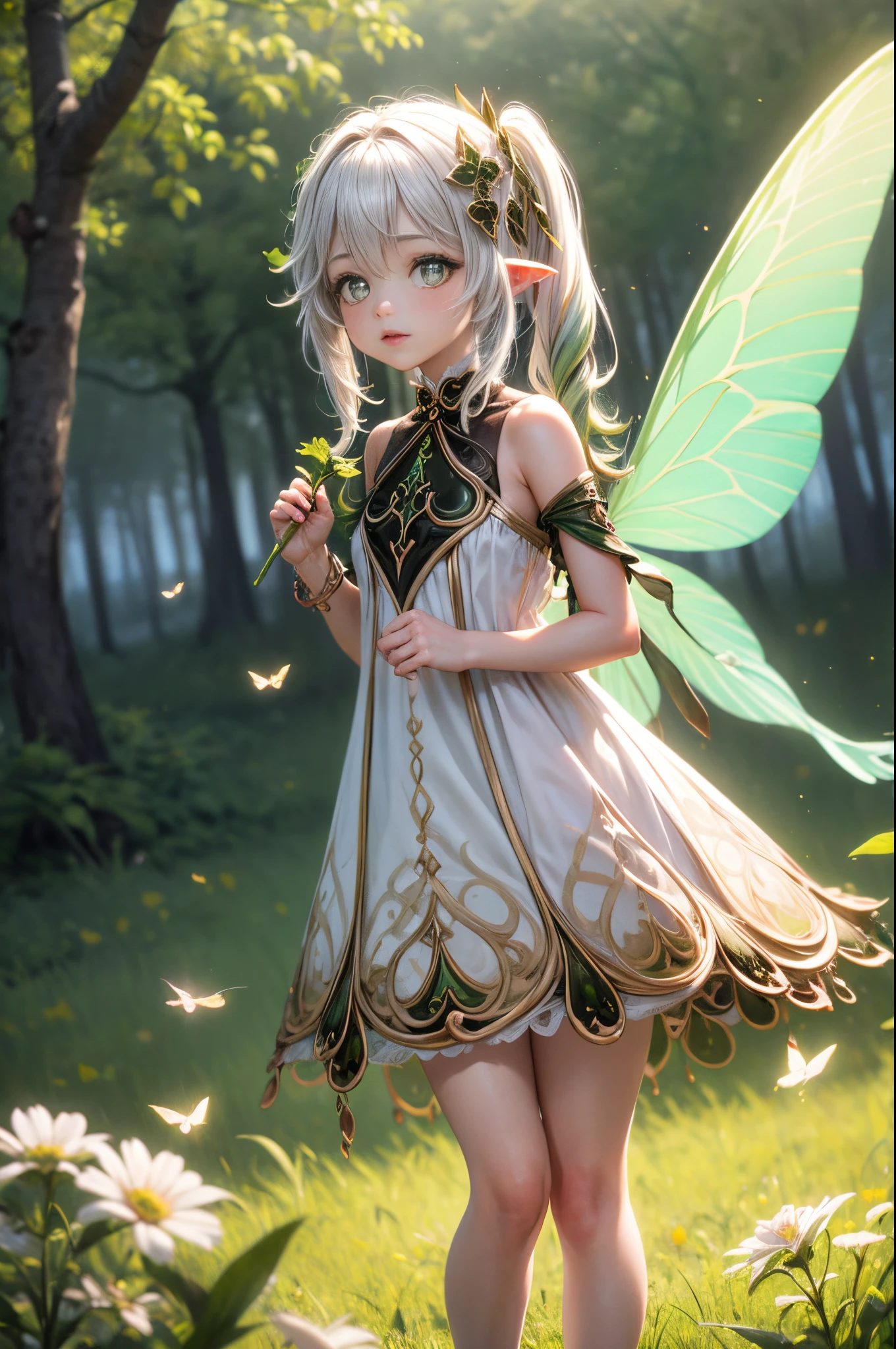 "((Innocent)) girl, golden hour, dreamy meadow, ethereal, whimsical, flowing dress, soft sunlight, enchanting, butterfly wings, (pastel clouds), liquid reflections