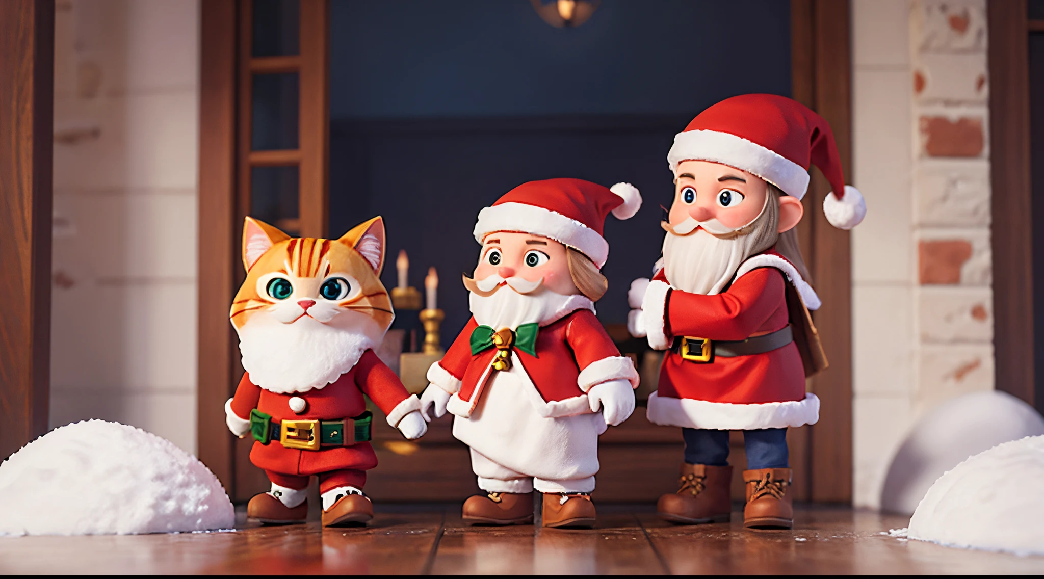 cat santa and snow 3d rendered