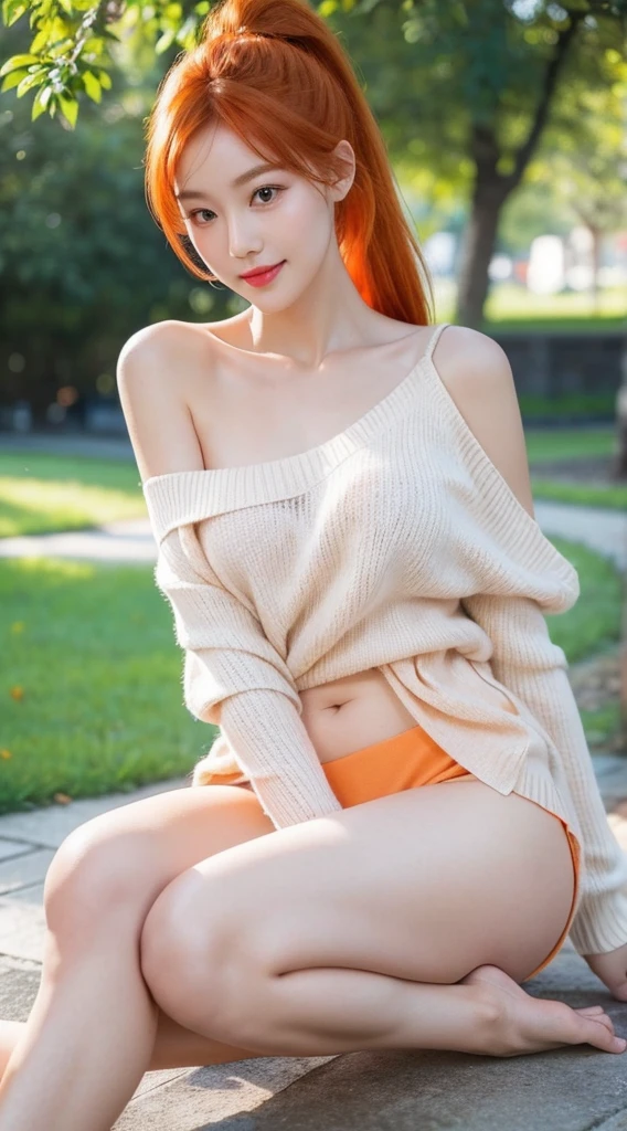 cute girl photo realistic,in a park in front of beach, exquisite and beautiful face, pretty face, (peach Red lips:1.1),(white skin:1.1),  tender and ,(orange hair:1.15), orange hair, ponytail hair, smile, exquisite collarbone, seductive and delicate collarbone, charming fragrant shoulders, shoulders slightly exposed,  open-shoulder long sweater, navy blue sweater,bokeh, full body,very realistic details,  ultra-high resolution,outstanding details