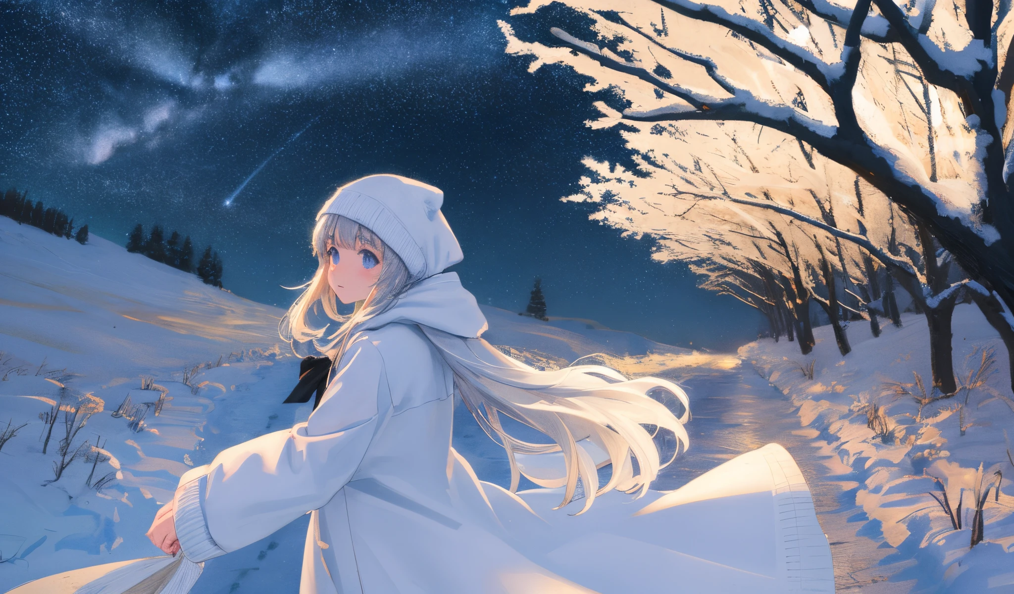 best quality, masterpiece, kat, winter, from side, wind snow effect, (starry sky:1.1), focus sky, detailed reflex, night, cinematic lighting, caustics, (wide shot:1.1), detailed cute silhouette girl, dirt road, overlook,