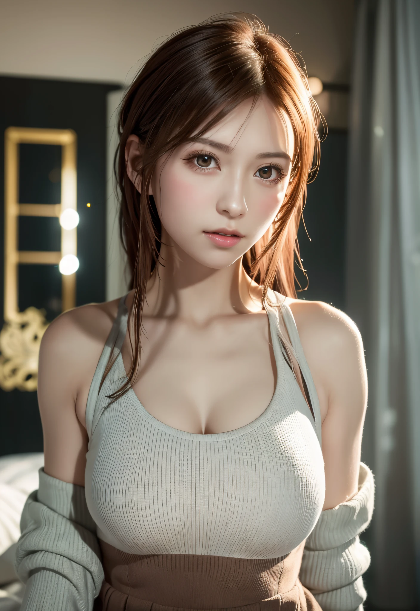 8K, of the highest quality, masutepiece:1.2), (Realistic, Photorealsitic:1.37), of the highest quality, masutepiece, Beautiful young woman, Pensive expression, Gentle eyes, Apron naked、full of shyness、Hair tied back, Messy mood, Cinematic background,  Light skin tone