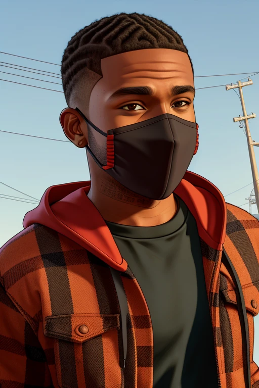 Best quality, artwork-gta5 heavily cartoonish stylized portrait,8K, Best Quality, 1boy, dark skin male wearing an red flannel hoodie, orange facemask, faded haircut, hazel eyes, cornrows, black hair