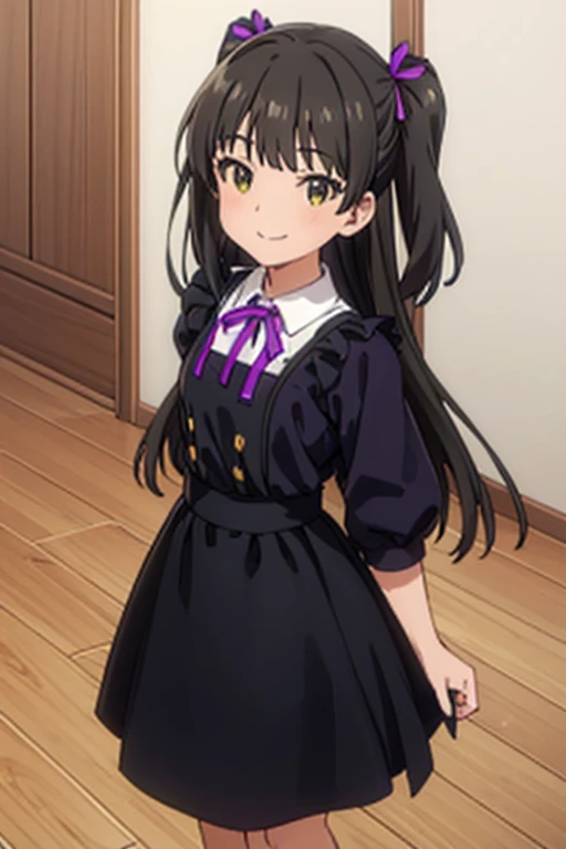 (((pixel perfect, Detail Perfect))), Solo, 1girl in, Long black hair、 maid clothes、Skirt long、Purple Ribbon, Smile, Looking at Viewer
