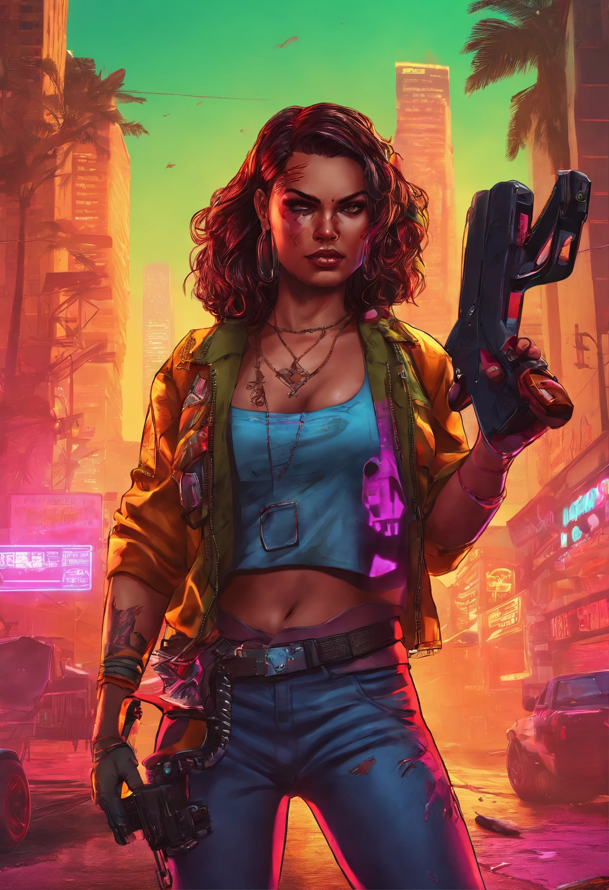 comic character, A female character wielding a machete in one hand and a severed otaku's head on the other hand, in a neon-lit environment. Rendered in the iconic GTA 5 style with high-resolution details and vibrant colors. The image captures the gritty realism and futuristic aesthetic of the game, with a focus on the woman's strong character and determination. intricate details, sharp focus, dramatic lighting, vibrant colors, realistic style, GTAV style