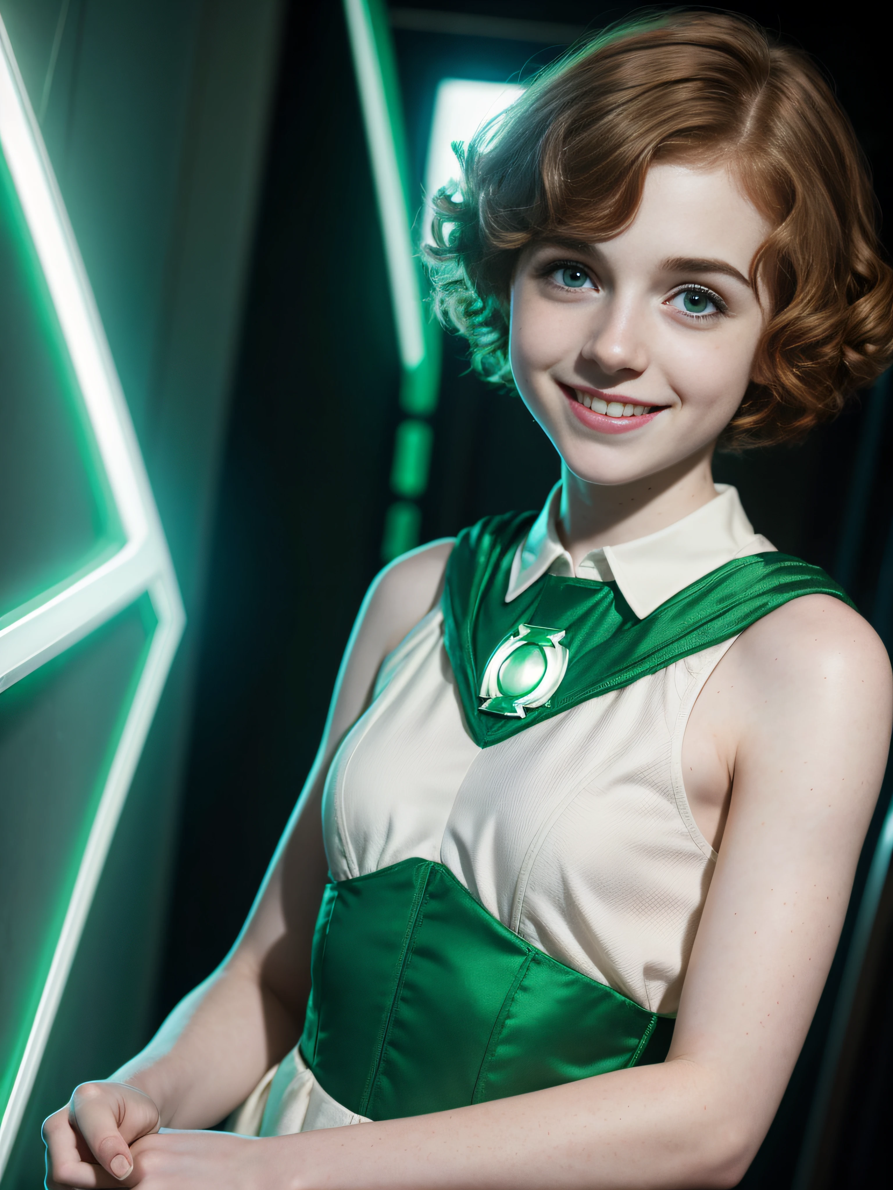 ((high resolution)), ((pale skin)), freckled, Sophia Lillis, blushing cheeks, wavy hair, smiling, dressed as Green Lantern