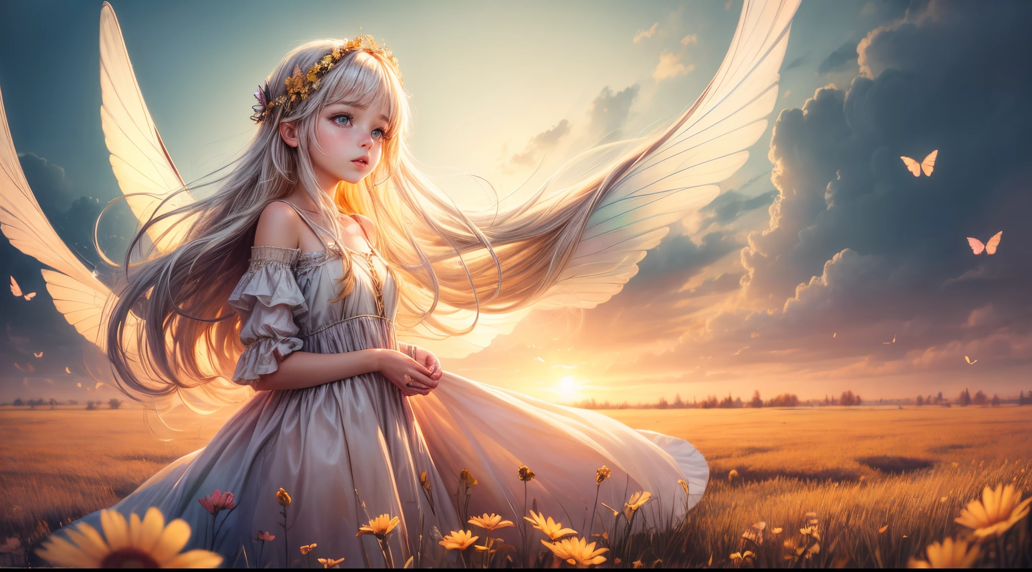 "((Innocent)) girl, golden hour, dreamy meadow, ethereal, whimsical, flowing dress, soft sunlight, enchanting, butterfly wings, (pastel clouds), liquid reflections