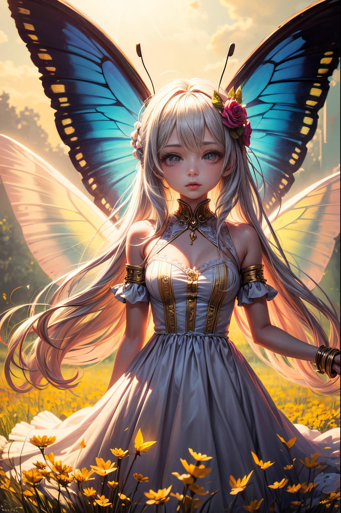 "((Innocent)) girl, golden hour, dreamy meadow, ethereal, whimsical, flowing dress, soft sunlight, enchanting, butterfly wings, (pastel clouds), liquid reflections
