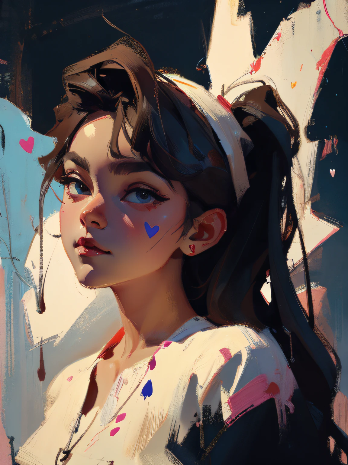 a conceptual drawing, half face half heart, paint dripping, masterpiece, Something