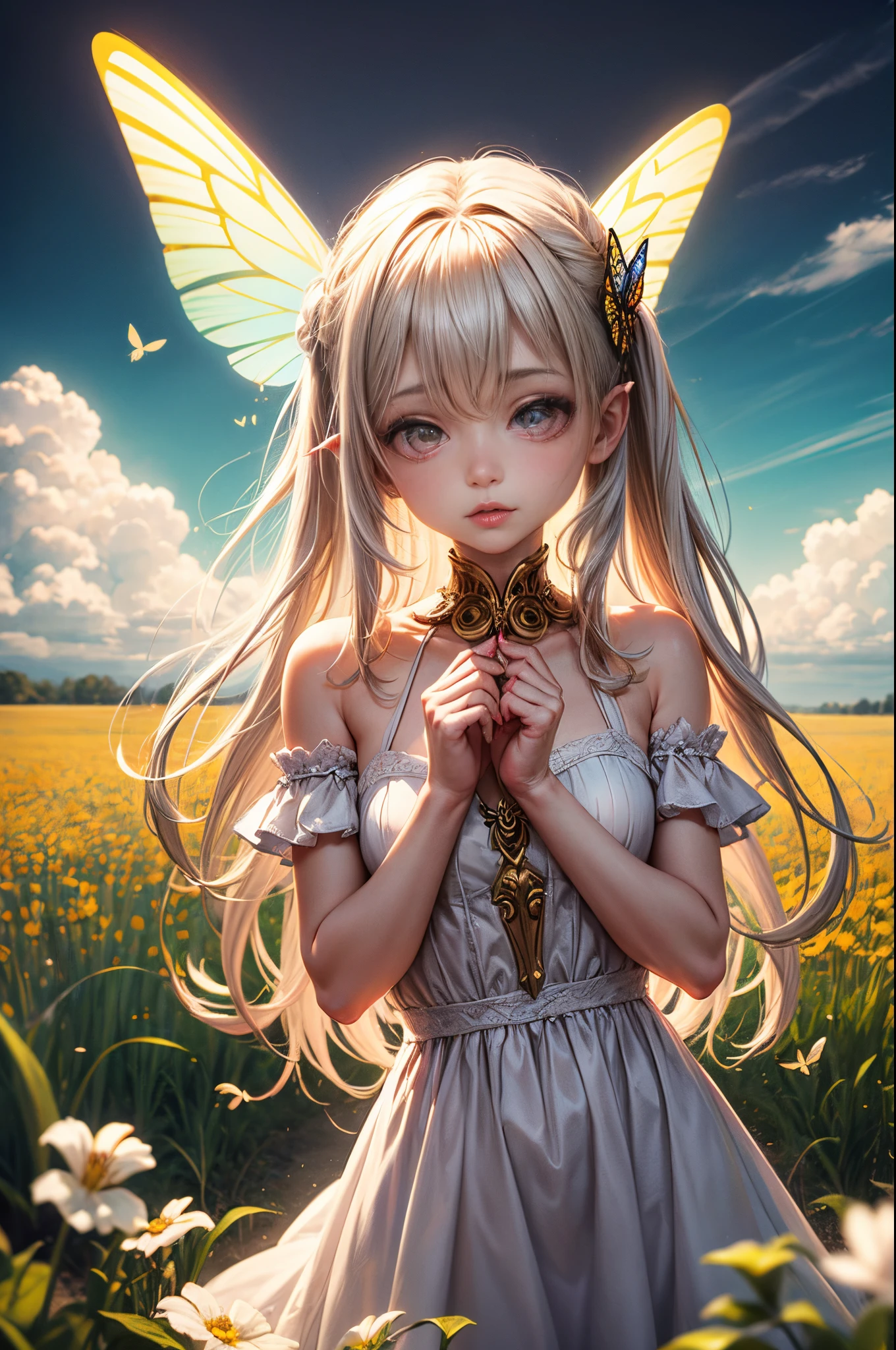 "((Innocent)) girl, golden hour, dreamy meadow, ethereal, whimsical, flowing dress, soft sunlight, enchanting, butterfly wings, (pastel clouds), liquid reflections