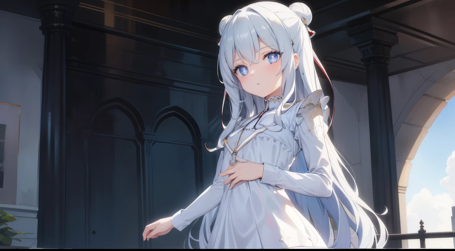 le malin azur lane,
le malin, eyes symbol-shaped pupils, double bun, blue eyes, very long hair, hair bun, bow,white hair, sidelocks, blue hair ribbon, ribbon,
BREAK white _dress, angel_wings, white_legwear, long sleeves, white dress, pleated dress, thighband pantyhose,
BREAK garden, outdoors,
BREAK looking at viewer, (cowboy shot:1.5),
BREAK (masterpiece:1.2), best quality,beautiful, high resolution, (illustration:0.8), (beautiful detailed eyes:1.6), extremely detailed face, perfect lighting, extremely detailed CG, (perfect hands, perfect anatomy), sun shining, bright at night,